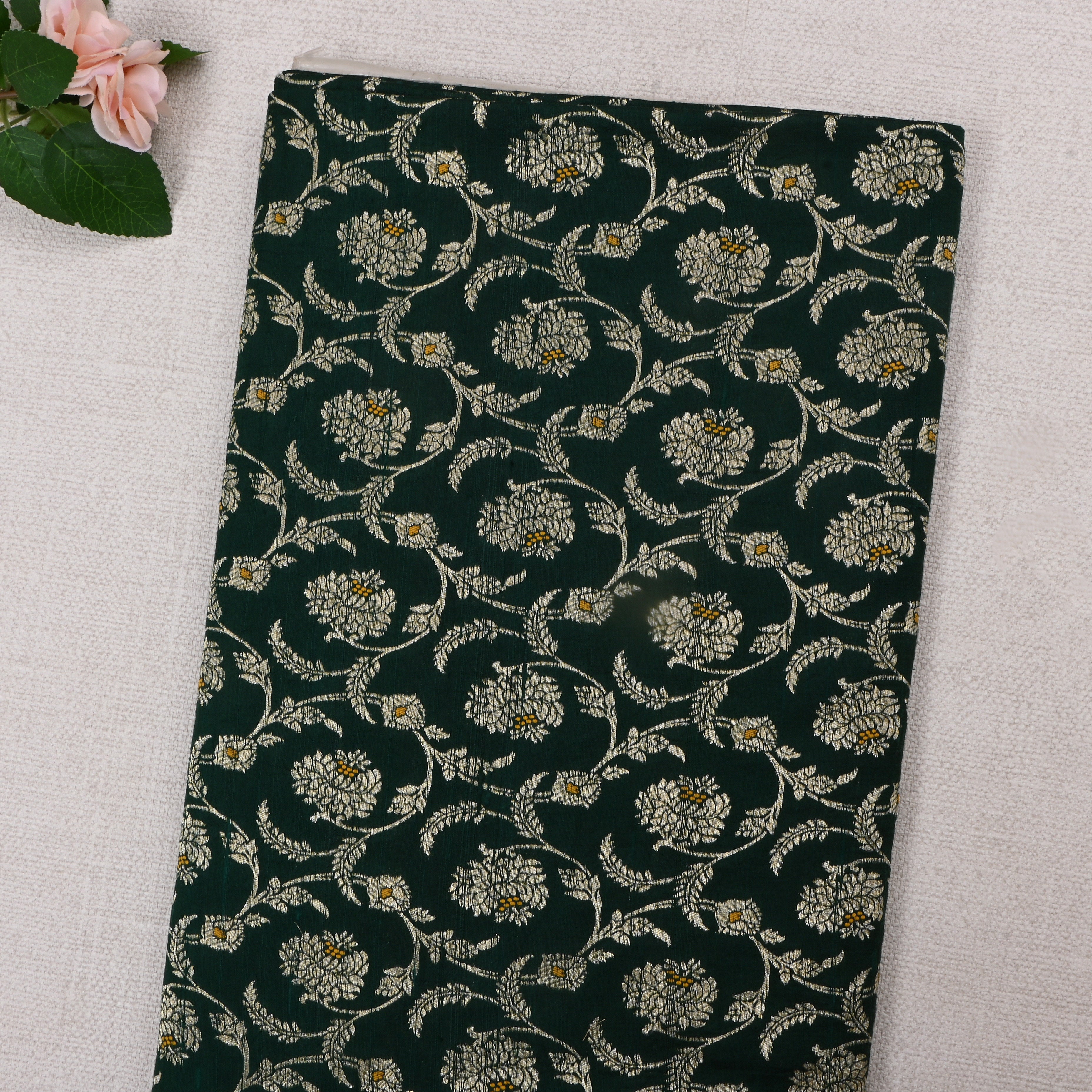 Dark Jungle Green Jamawar Dupion Fabric With Jaal