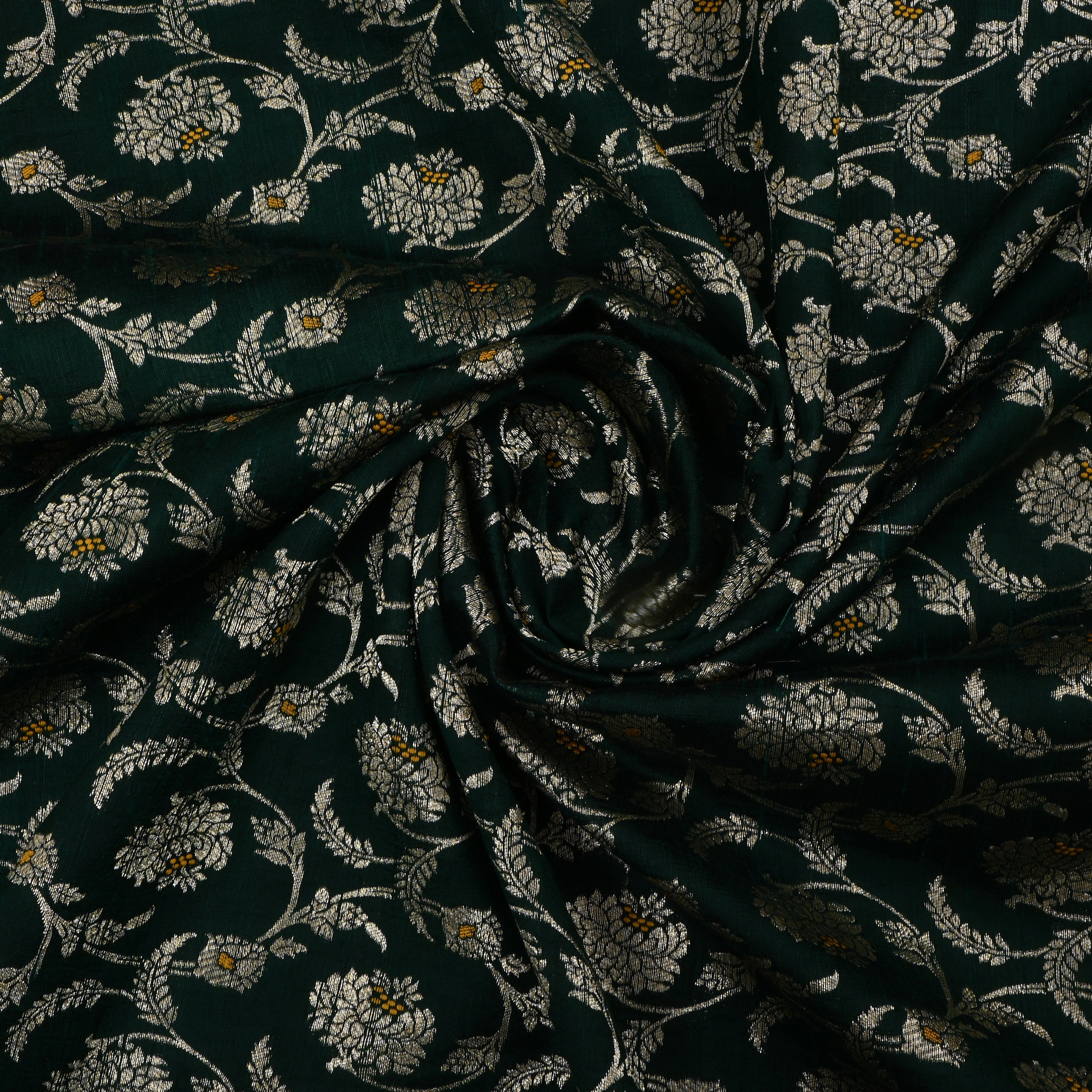 Dark Jungle Green Jamawar Dupion Fabric With Jaal