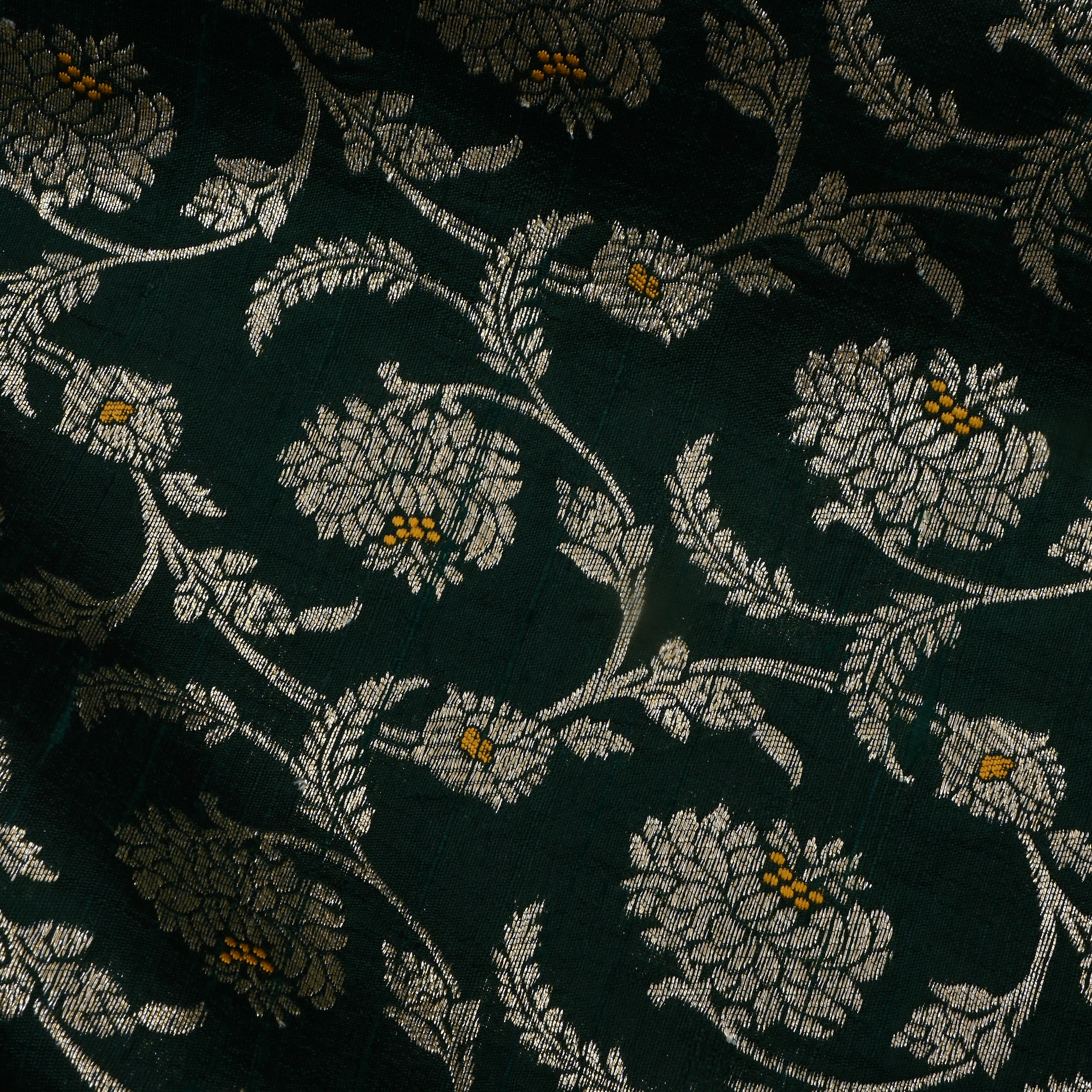 Dark Jungle Green Jamawar Dupion Fabric With Jaal