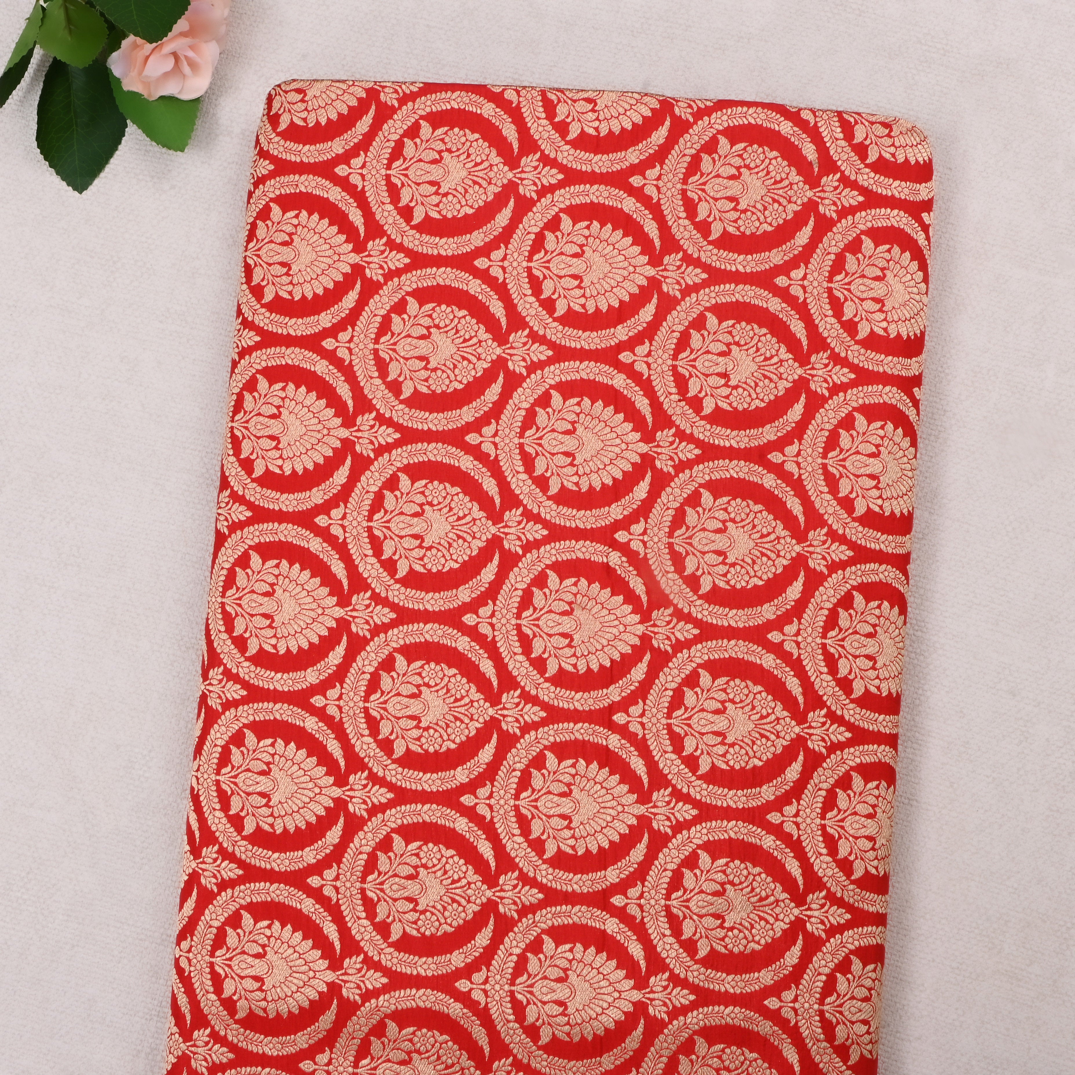 Fire Engine Red Jamawar Silk Fabric With Geometrical Figures