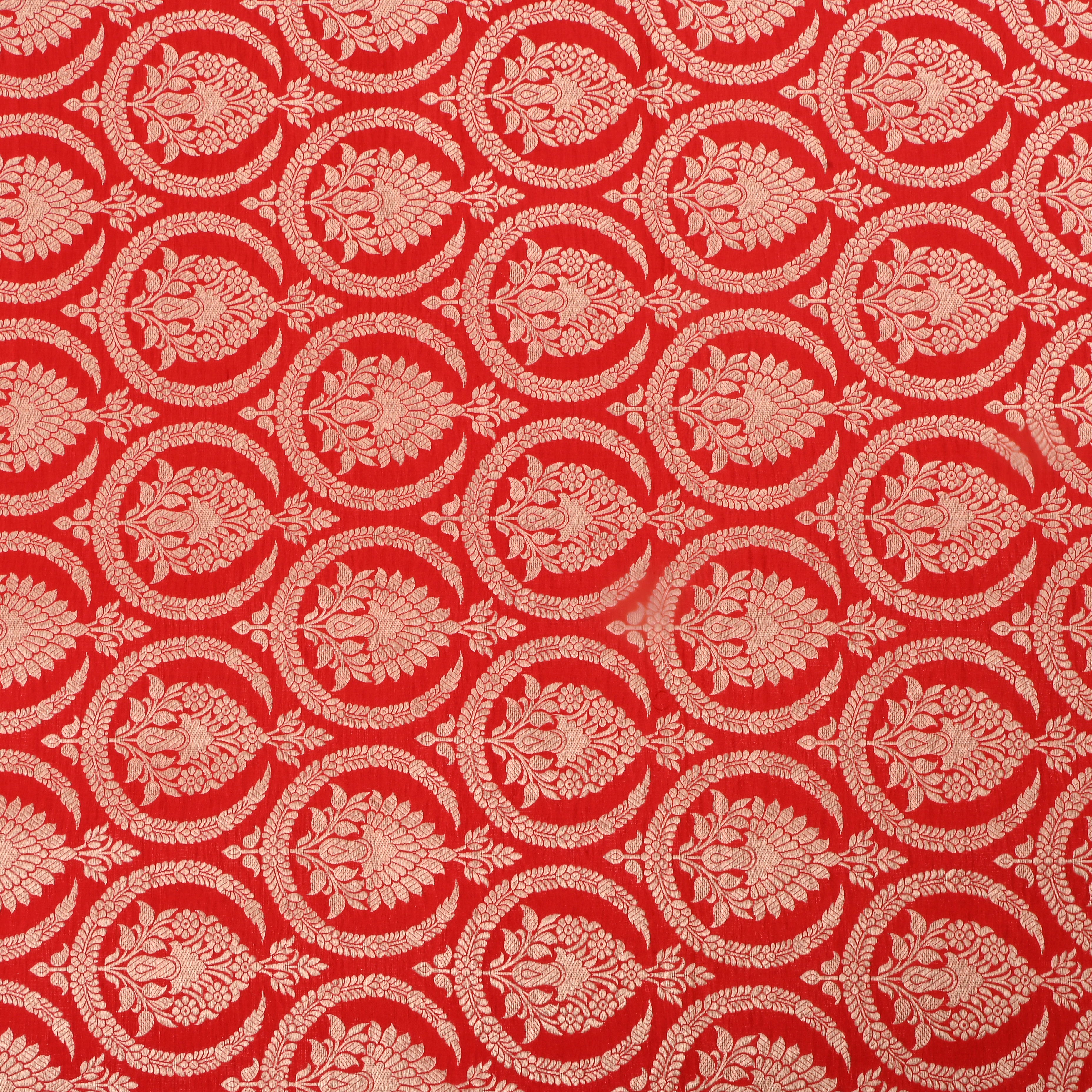 Fire Engine Red Jamawar Silk Fabric With Geometrical Figures