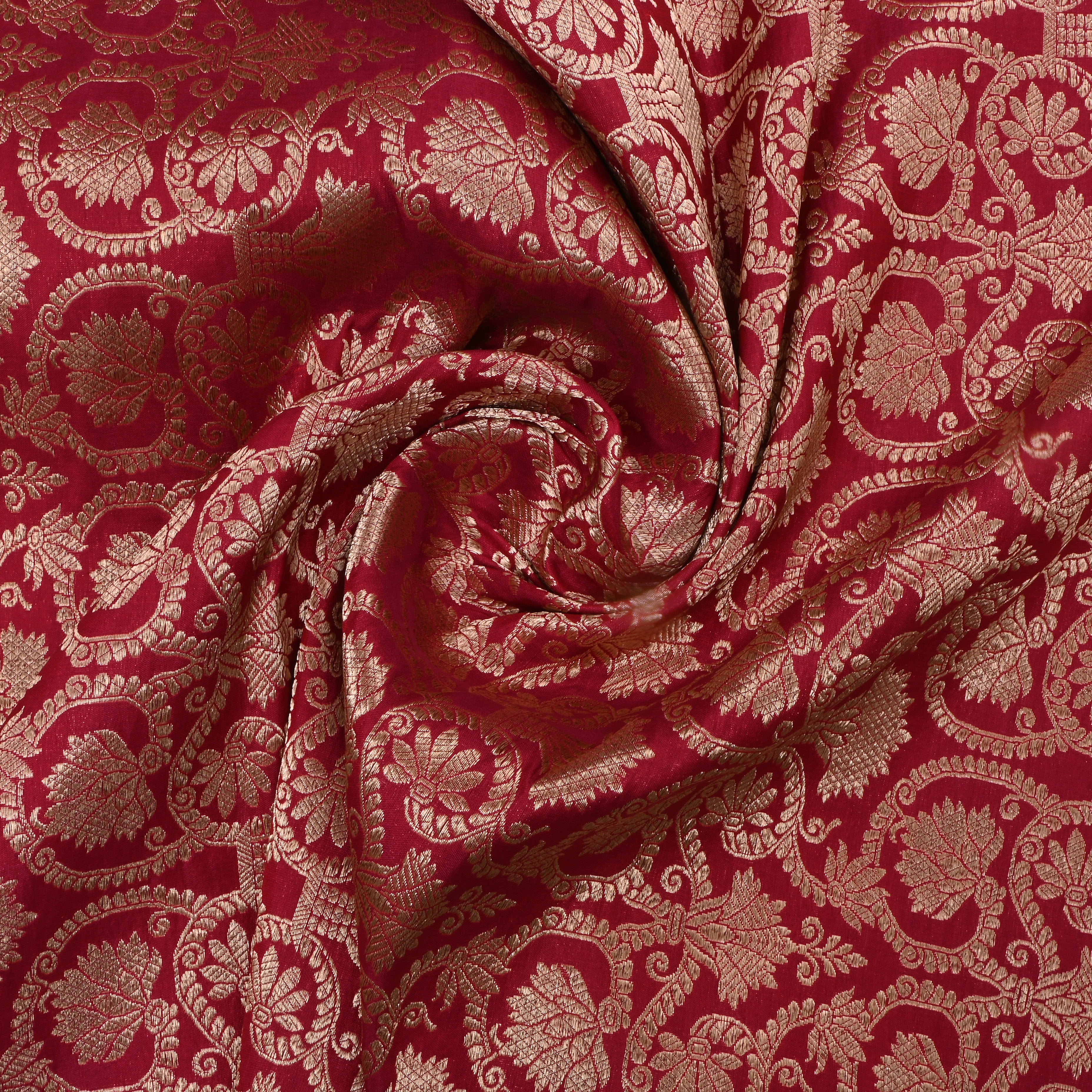 Red Jamawar Silk Fabric With Woven Jaal