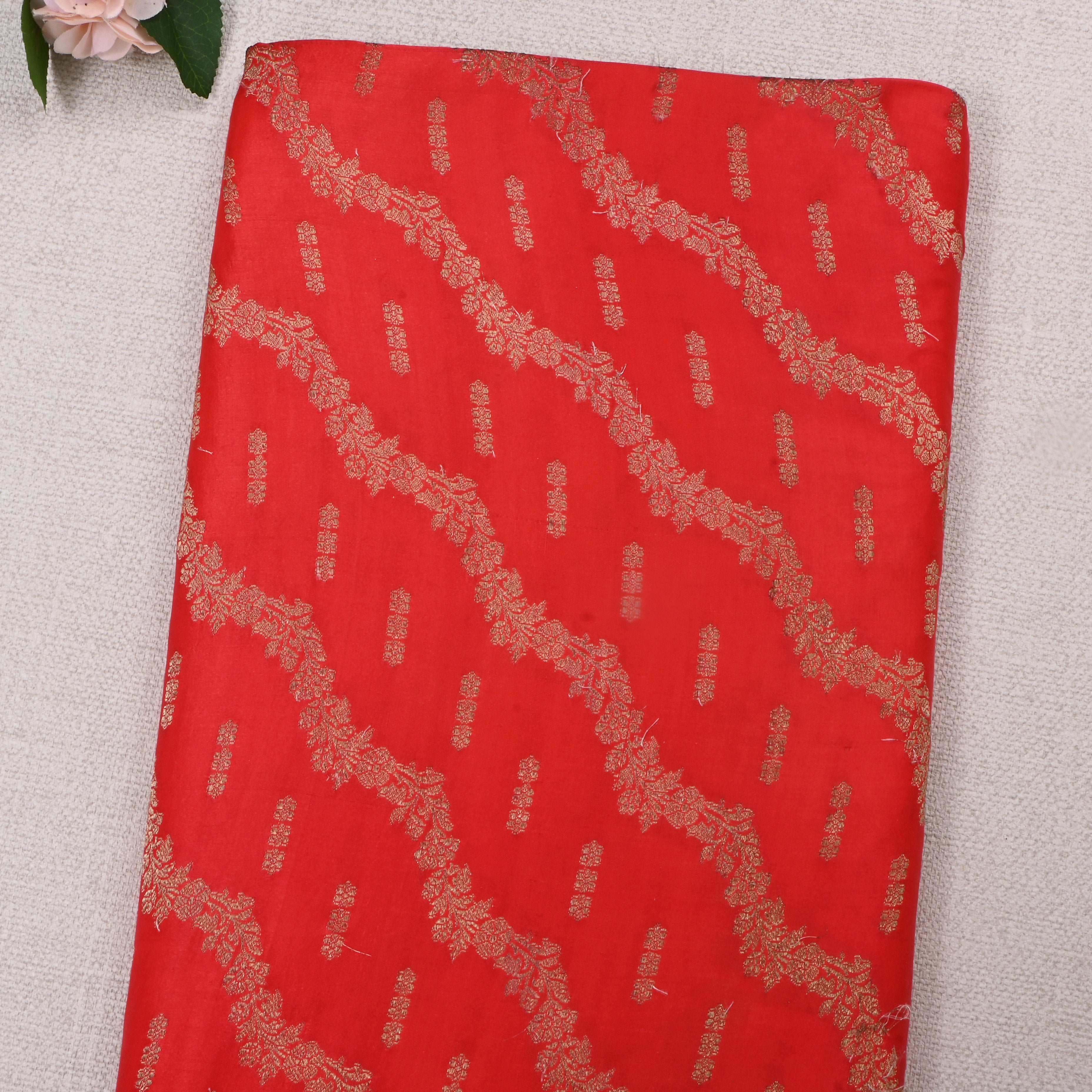 Fire Engine Red Jamawar Silk Fabric With Wave Pattern