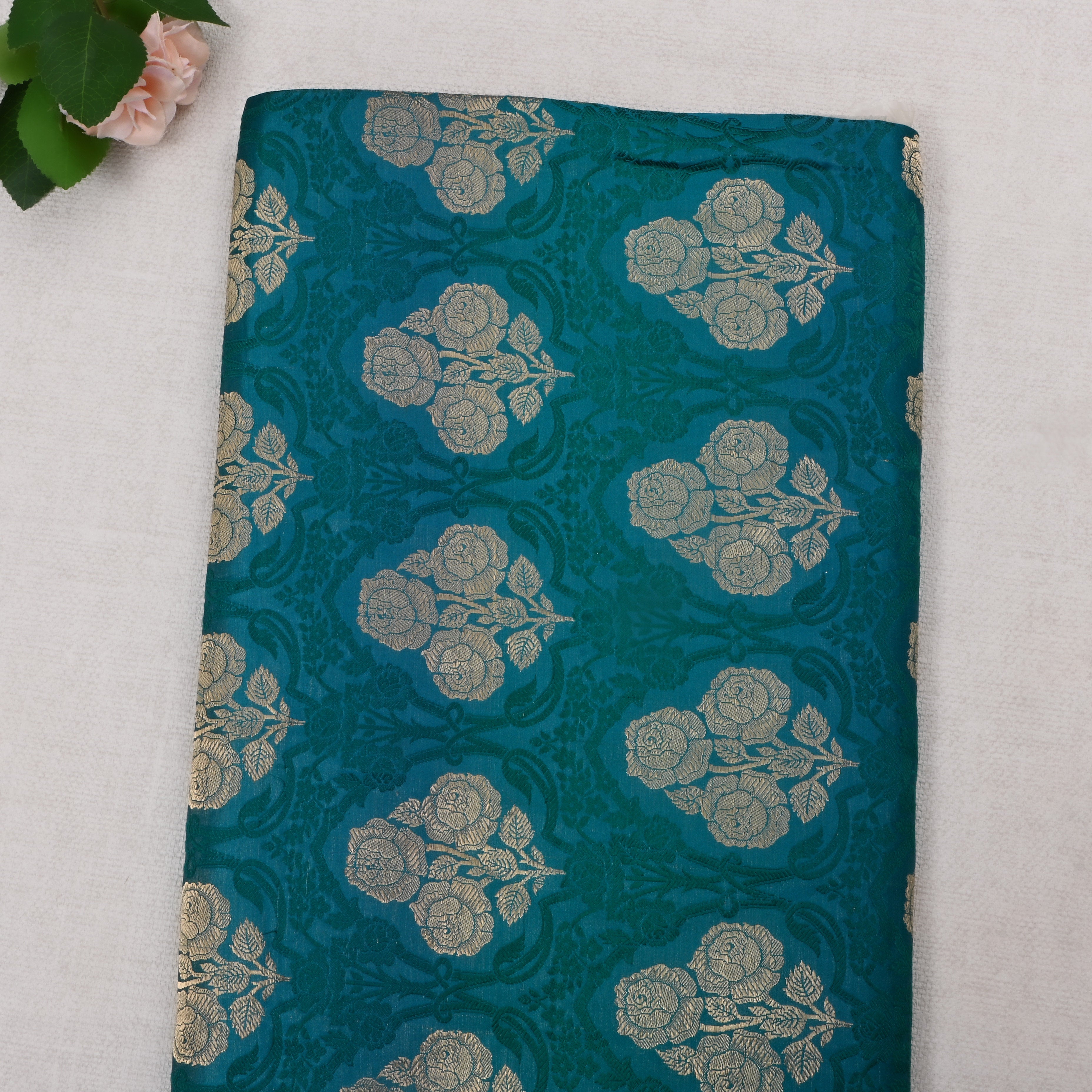 Teal Jamawar Satin Fabric With Floral Design