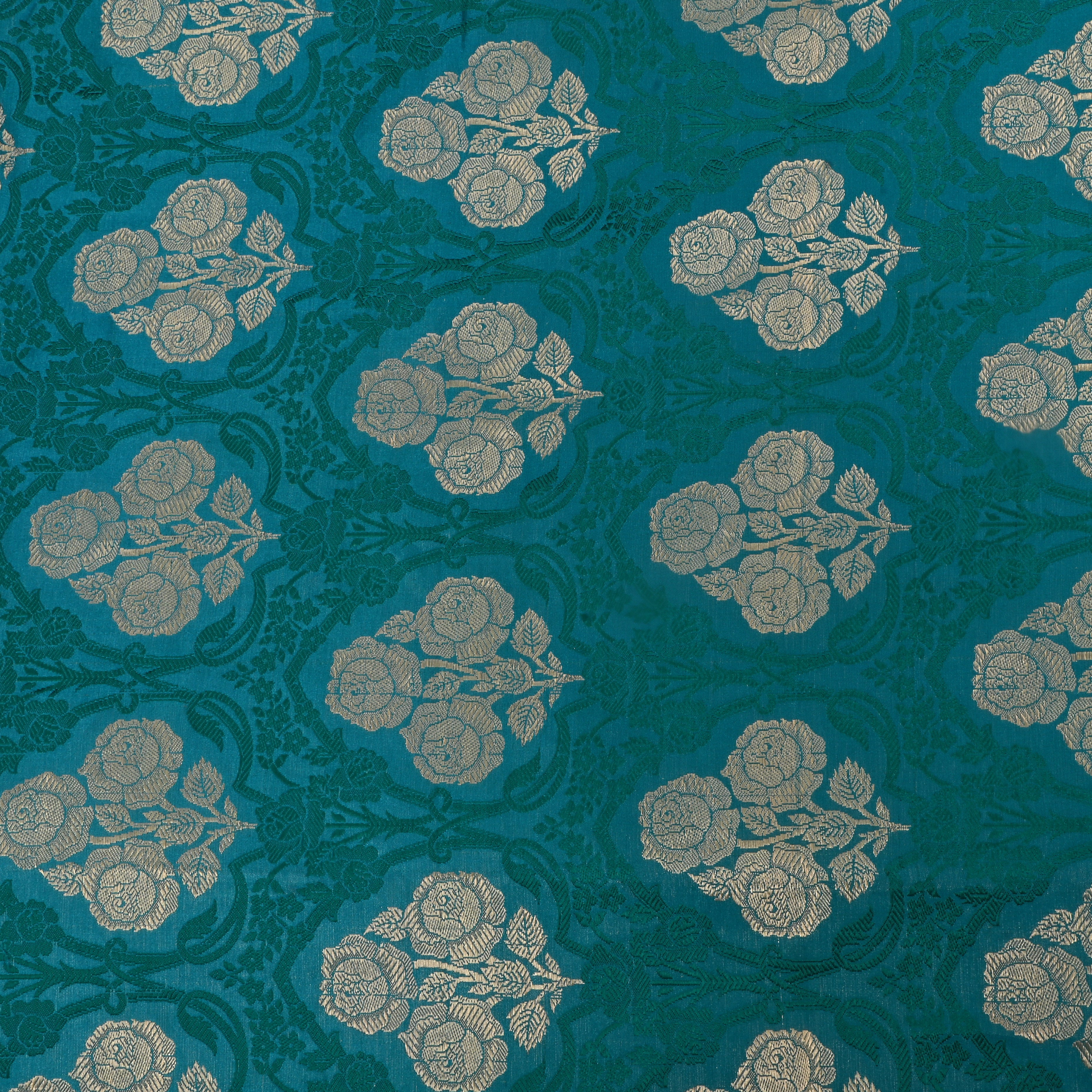 Teal Jamawar Satin Fabric With Floral Design