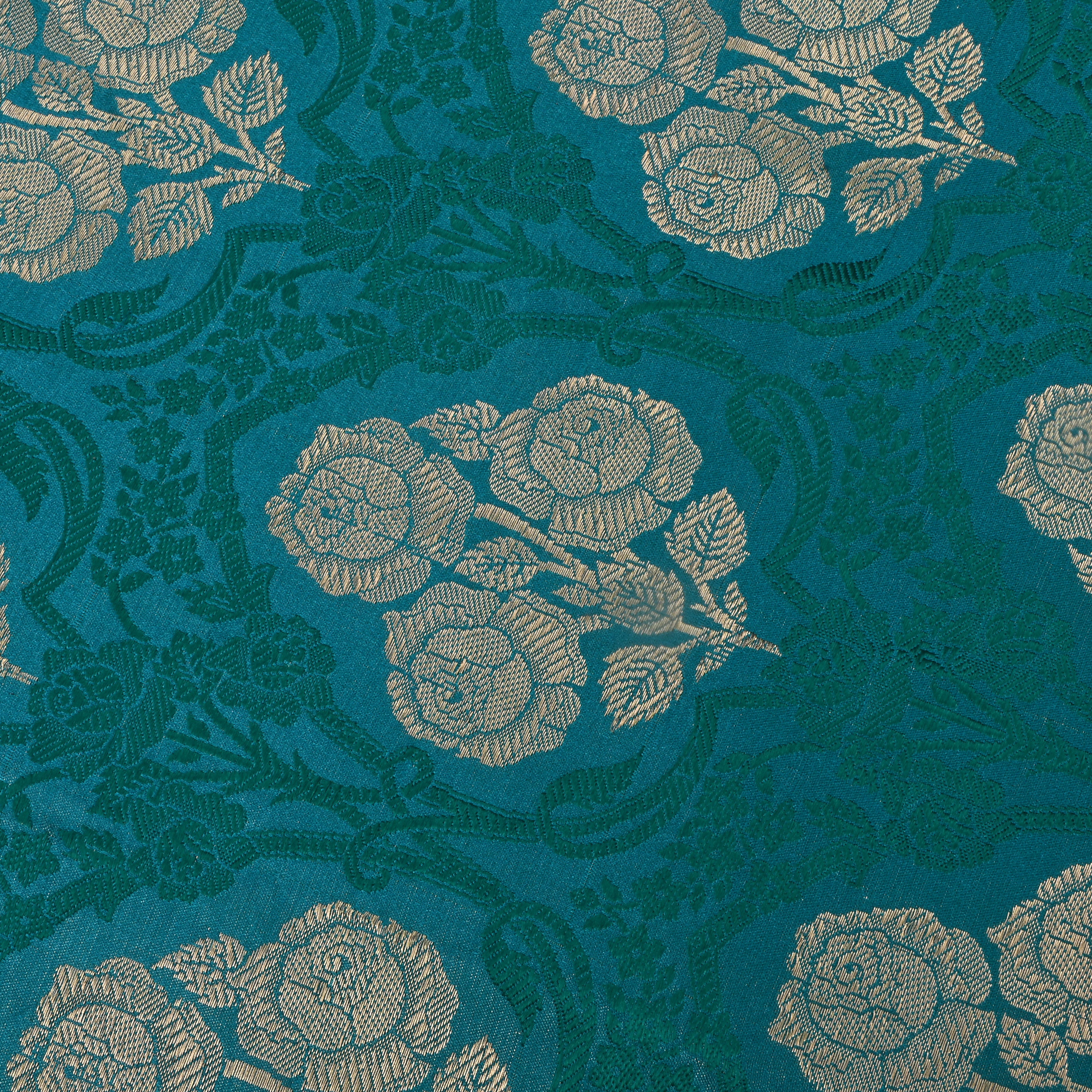 Teal Jamawar Satin Fabric With Floral Design