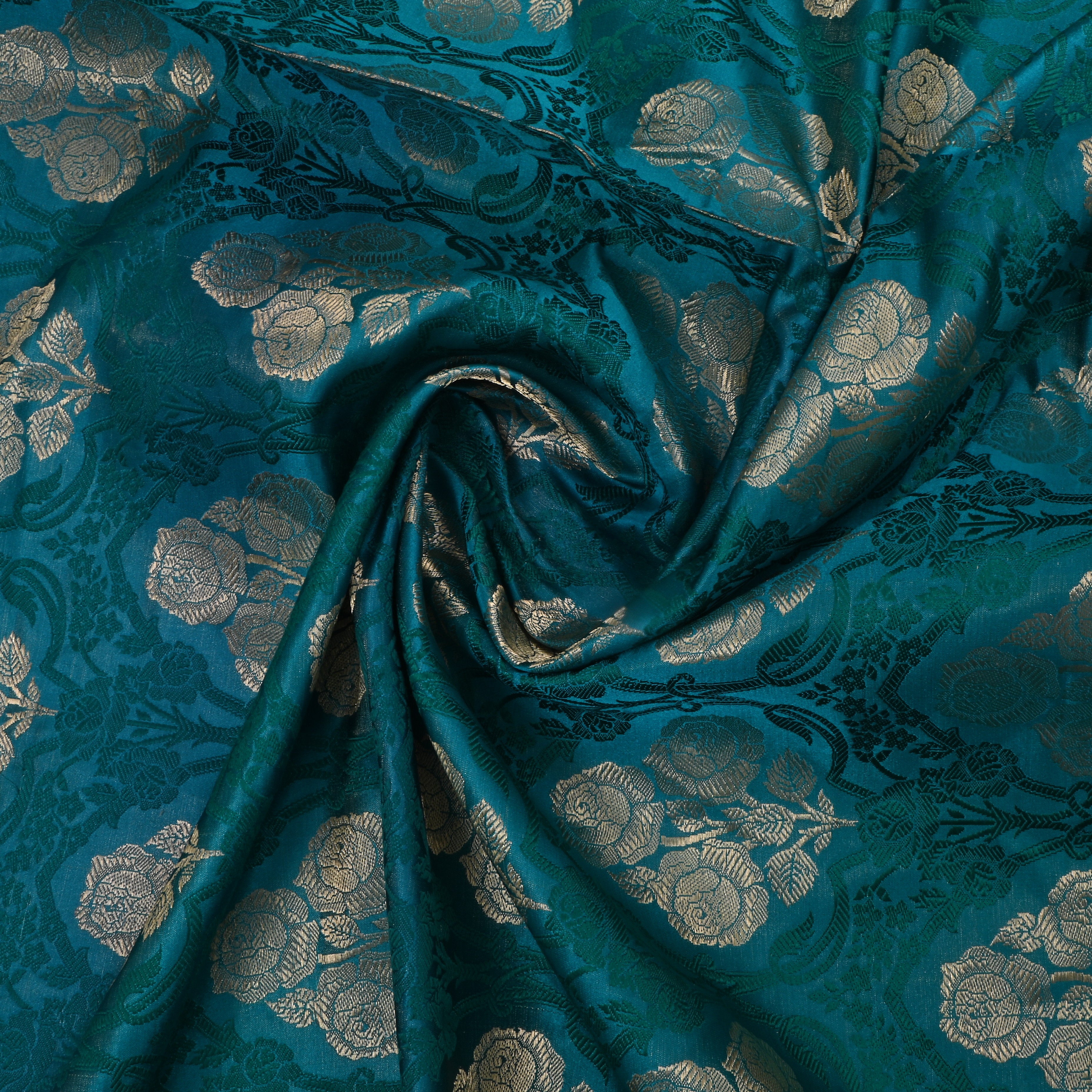 Teal Jamawar Satin Fabric With Floral Design