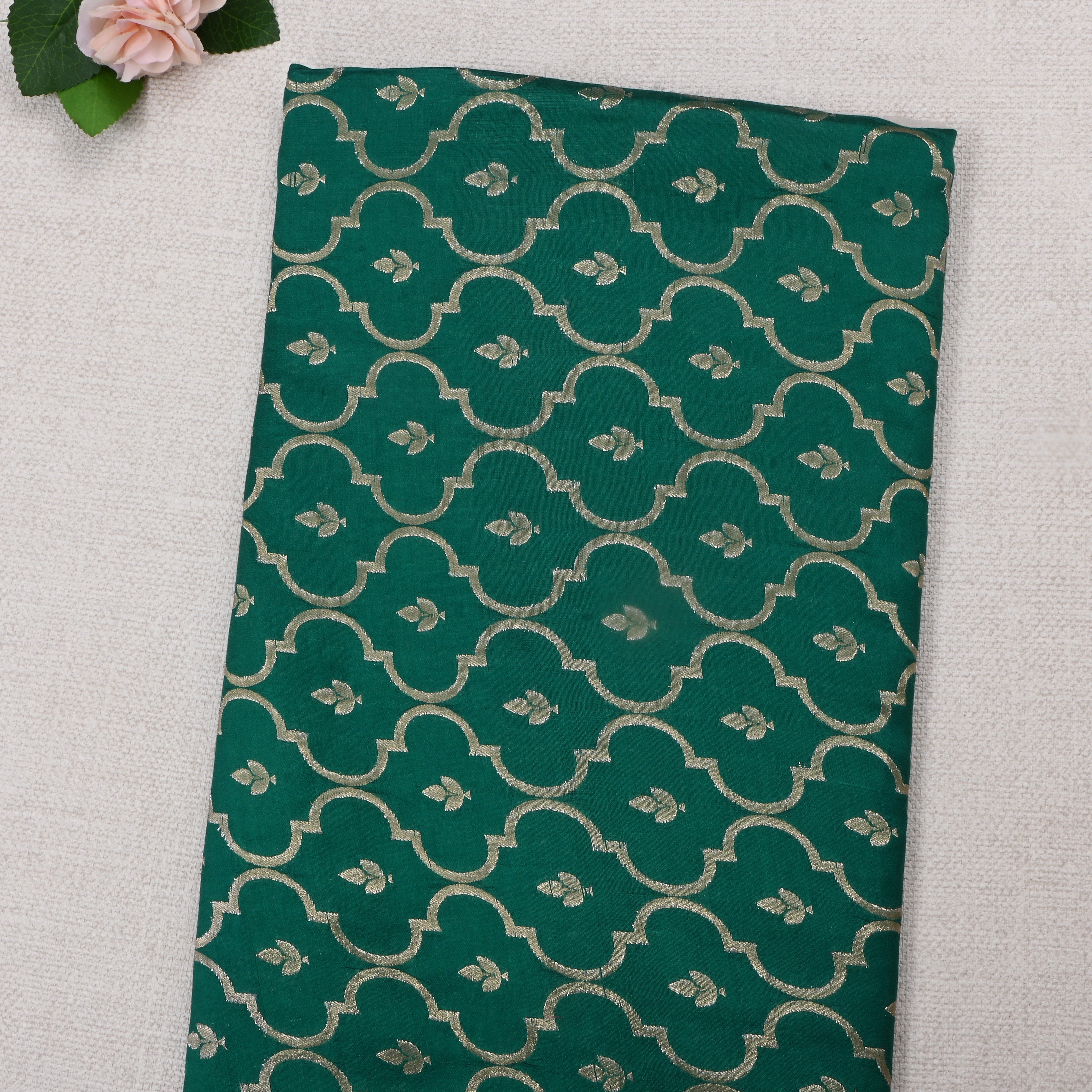 Dark Greenish Cyan Jamawar Silk Fabric With Woven Patterns
