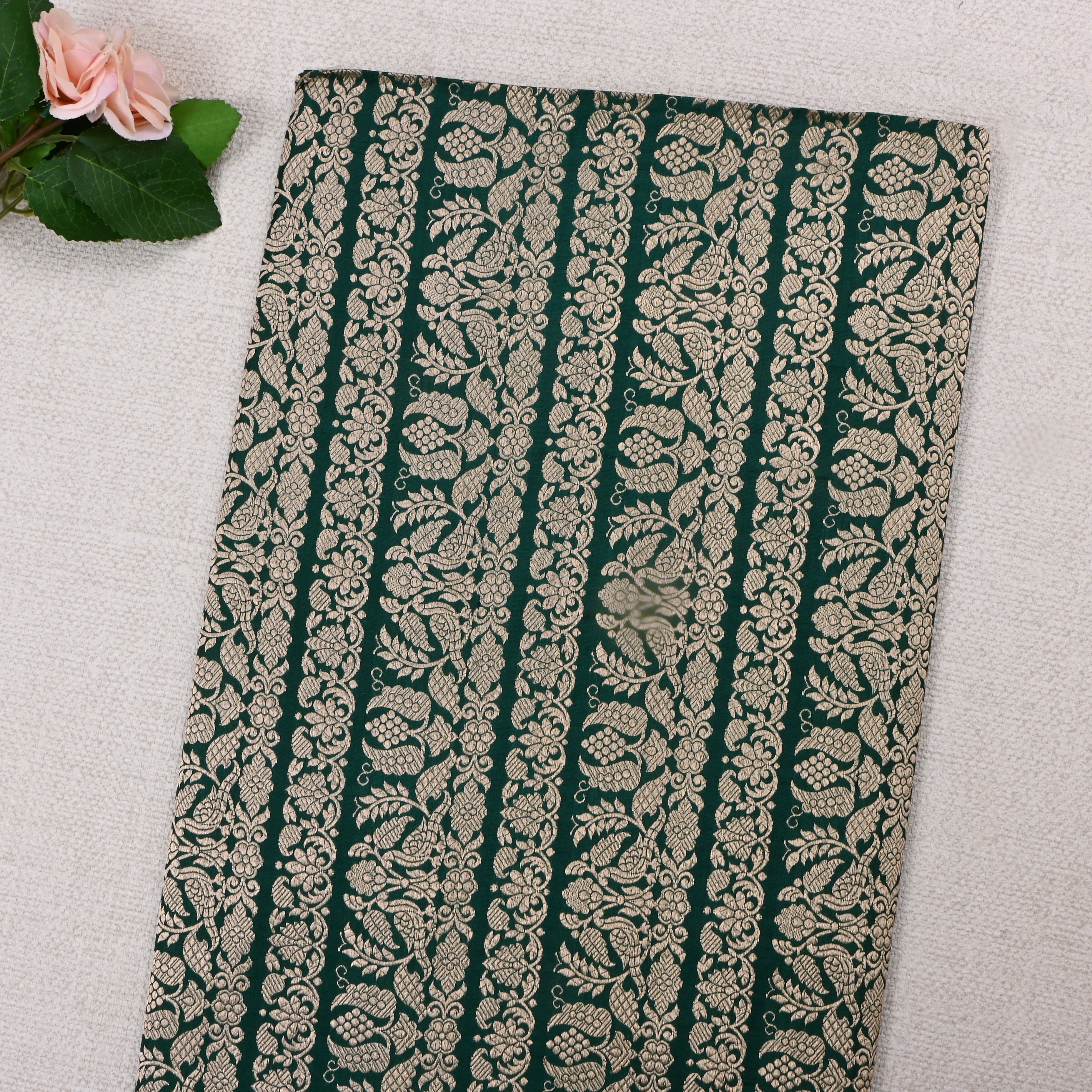 Bottle Green Jamawar Silk Fabric With Floral Woven Design