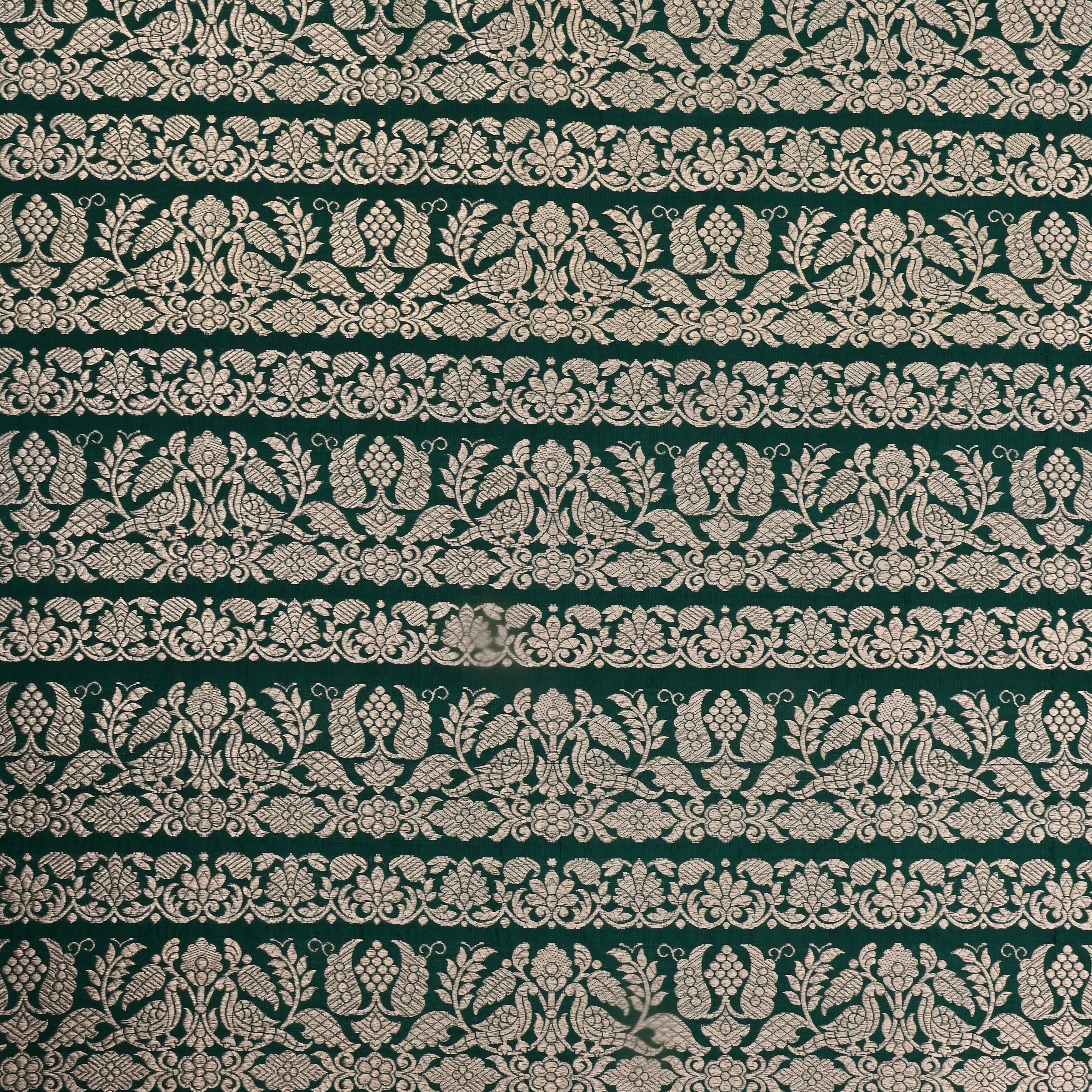 Bottle Green Jamawar Silk Fabric With Floral Woven Design