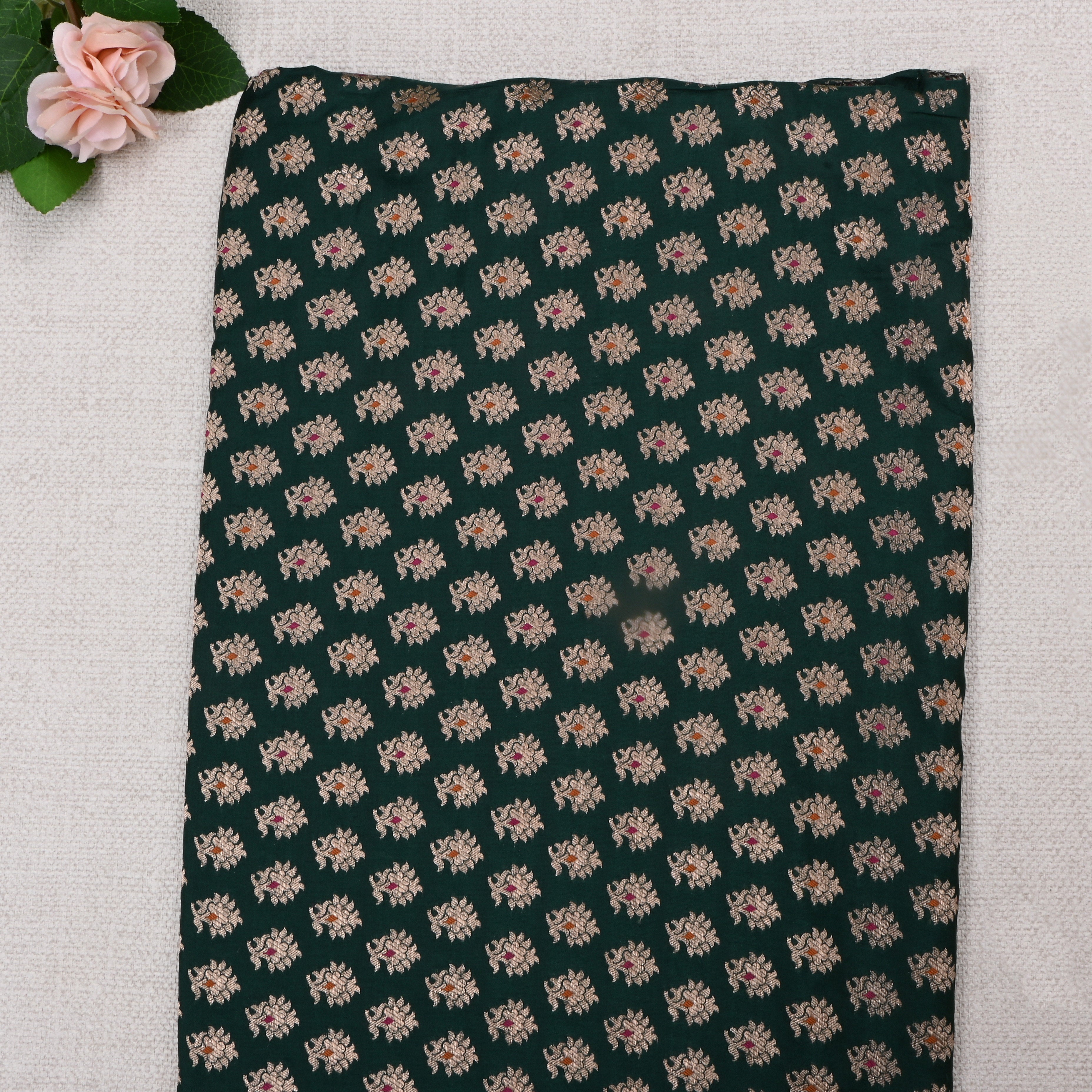 Bottle Green Jamawar Silk Fabric With Meenakari Buttis