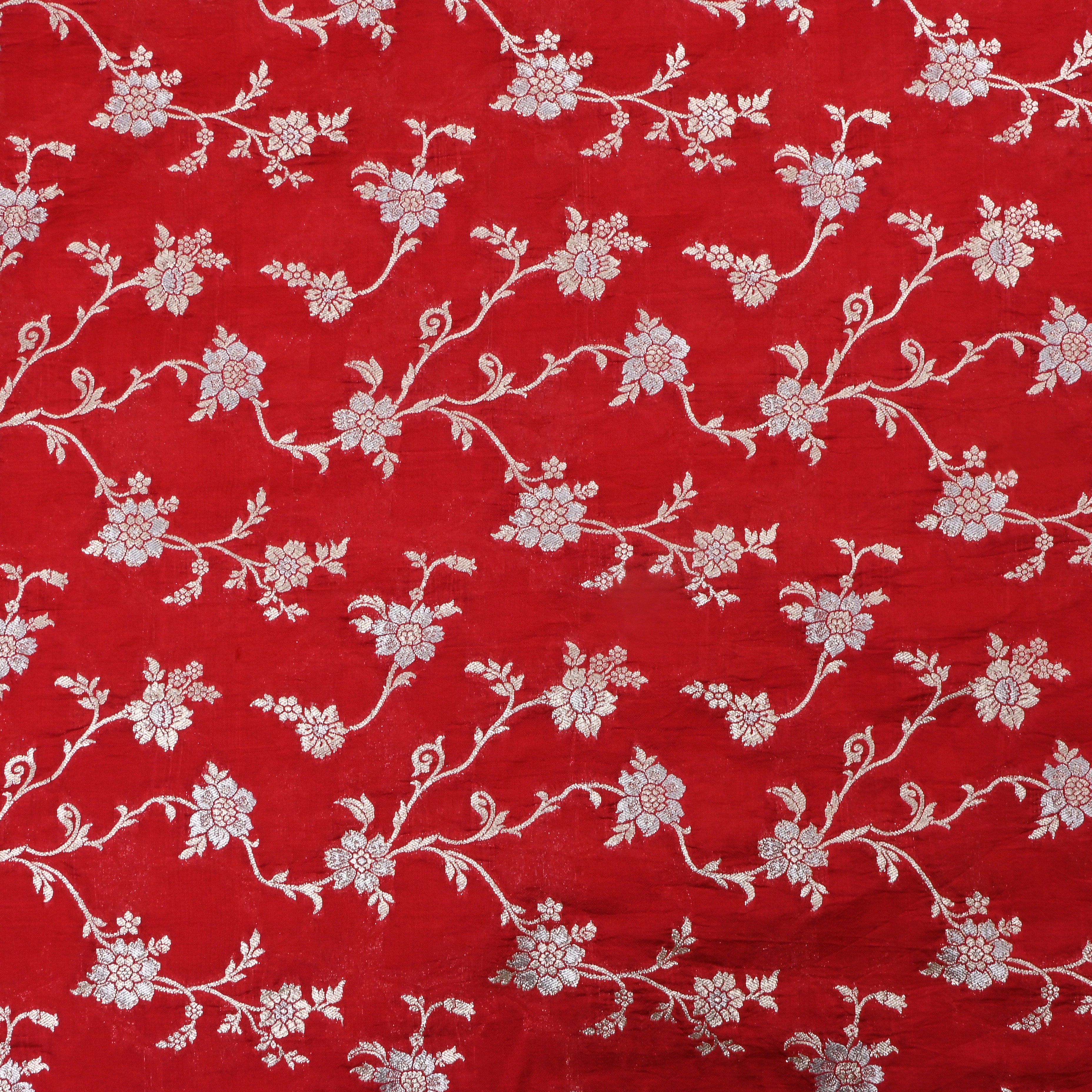 Bright Red Jamawar Silk Fabric With Floral Jaal