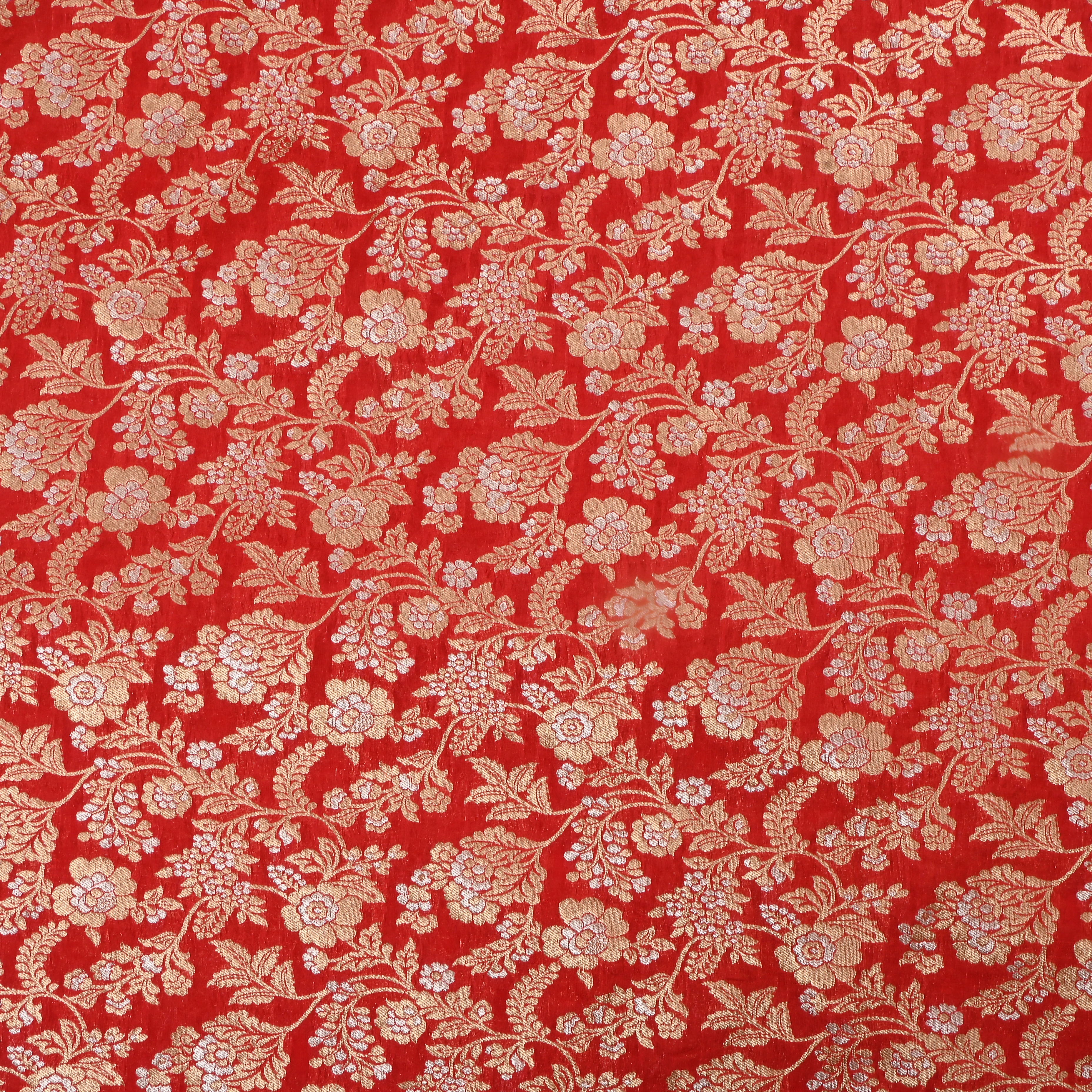 Bright Red Jamawar Silk Fabric With Floral Jaal
