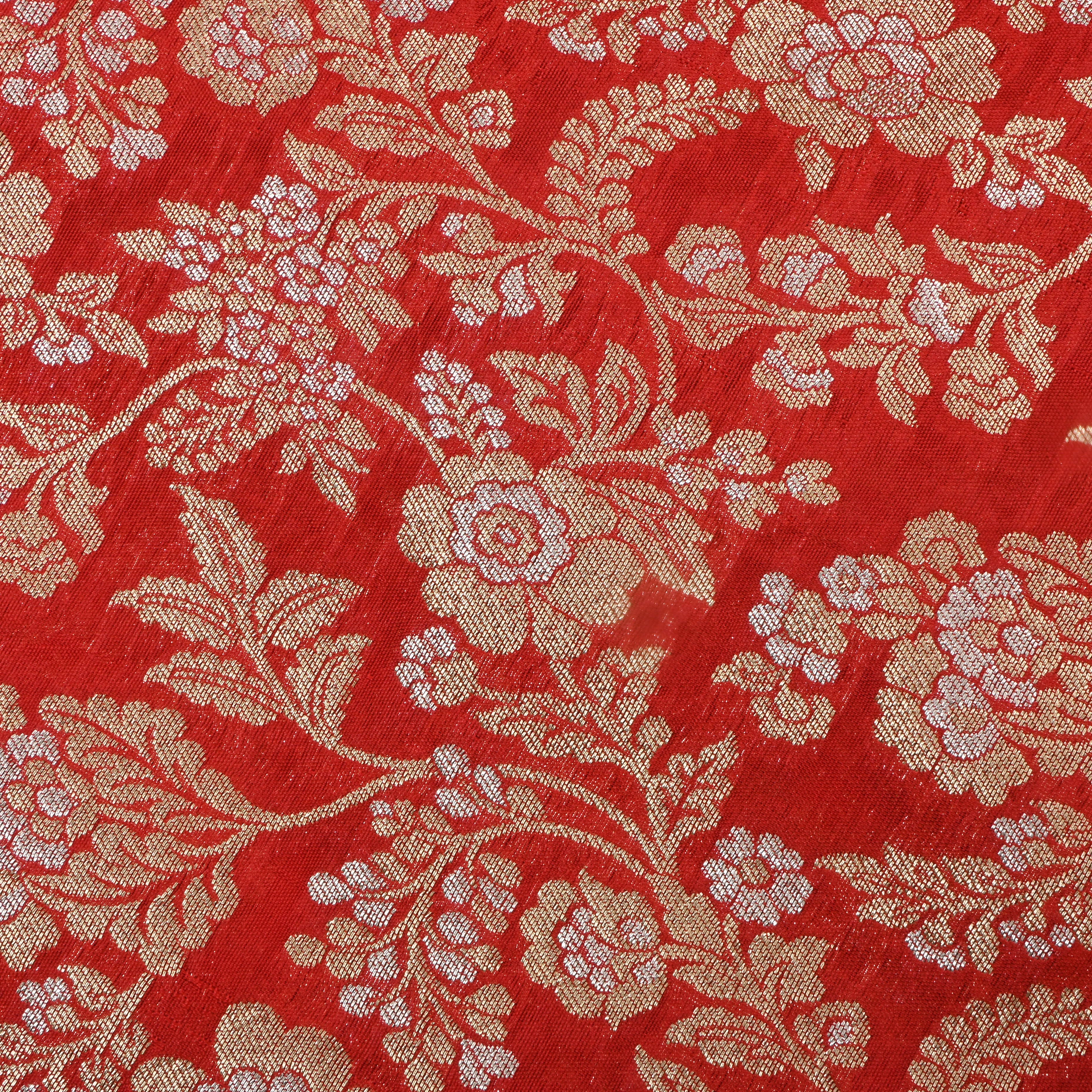 Bright Red Jamawar Silk Fabric With Floral Jaal