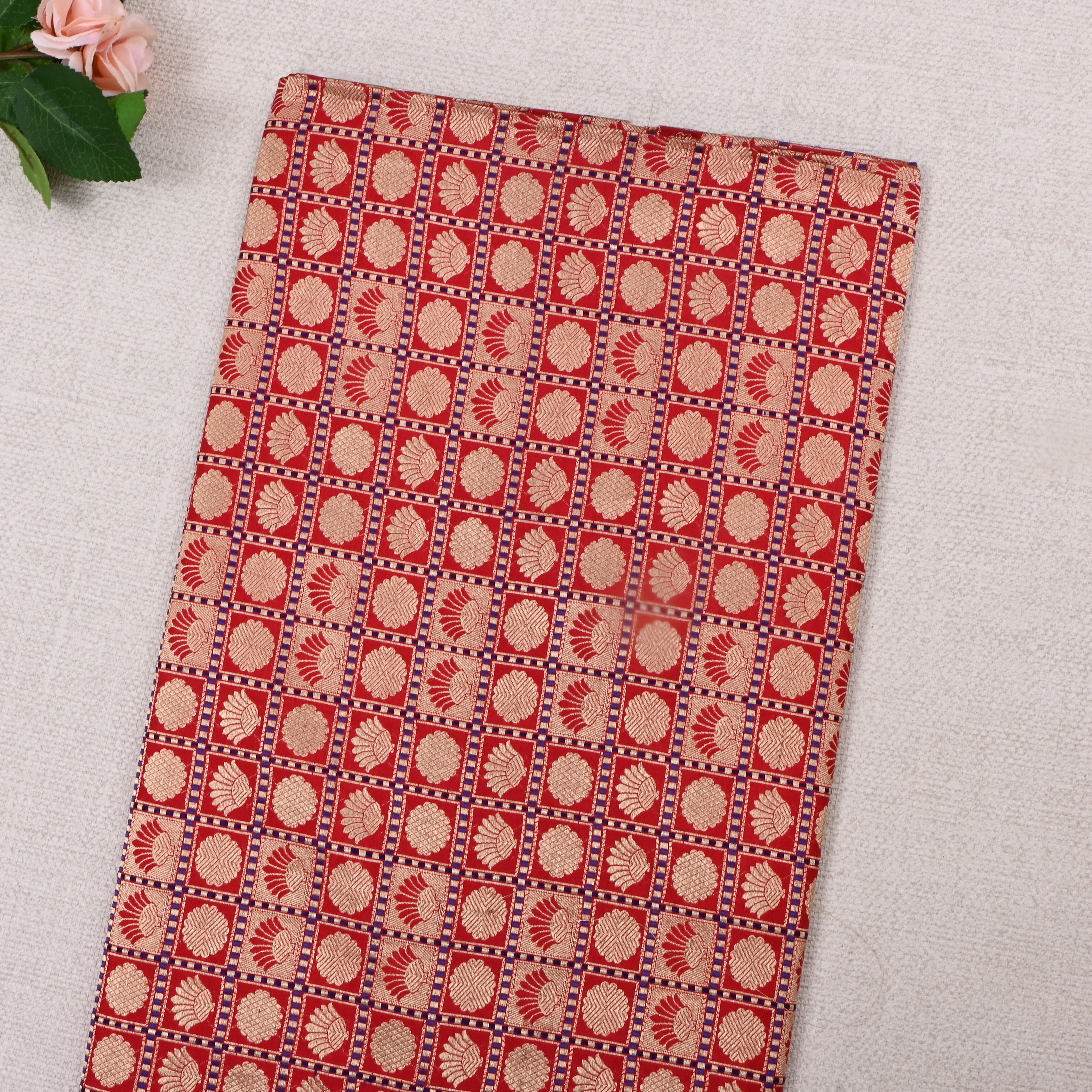 Red Jamawar Silk Fabric With Checks Pattern