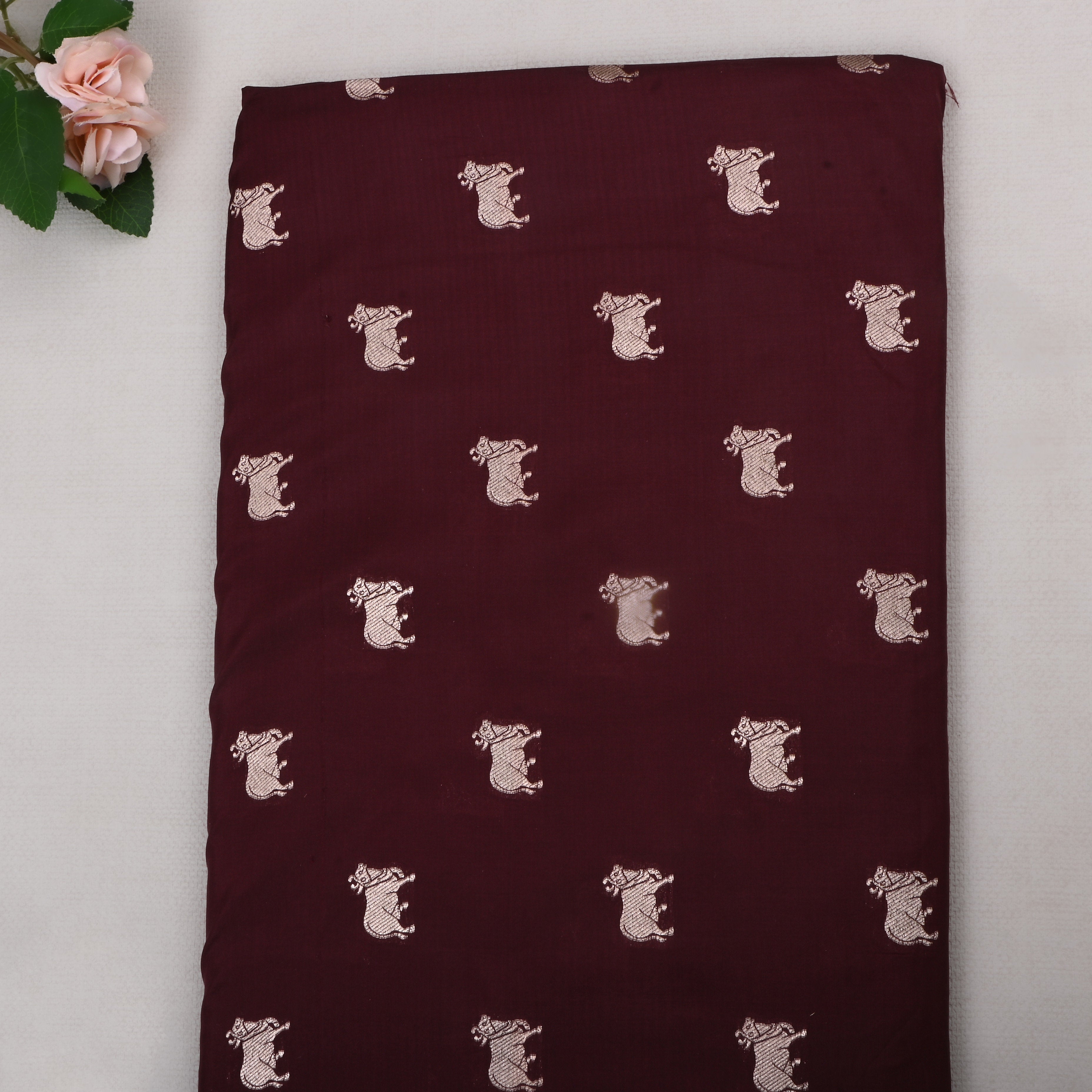 Dark Sienna Red Jamawar Satin Fabric With Pichwai Motifs