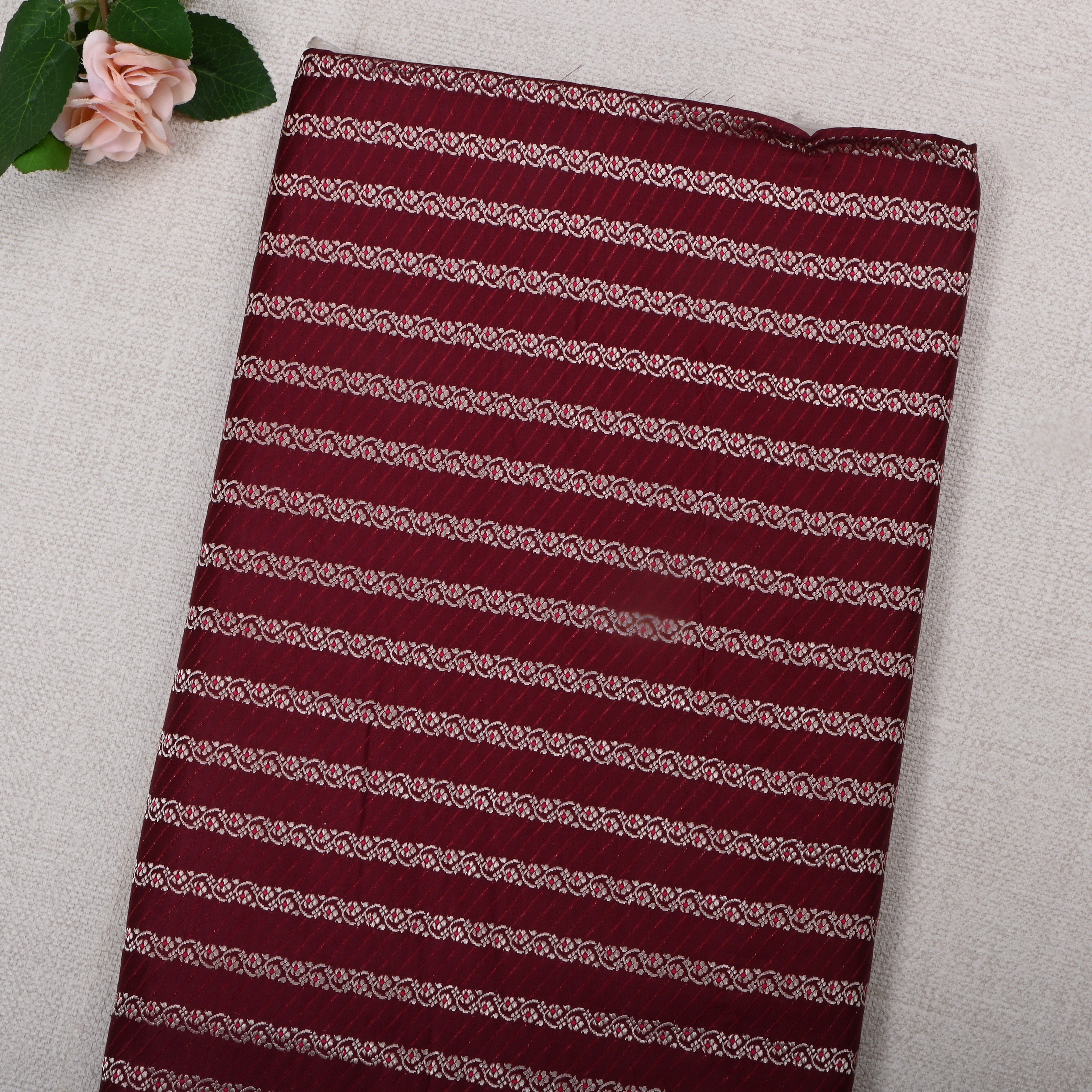 Dark Maroon Jamawar Satin Fabric With Floral Stripes