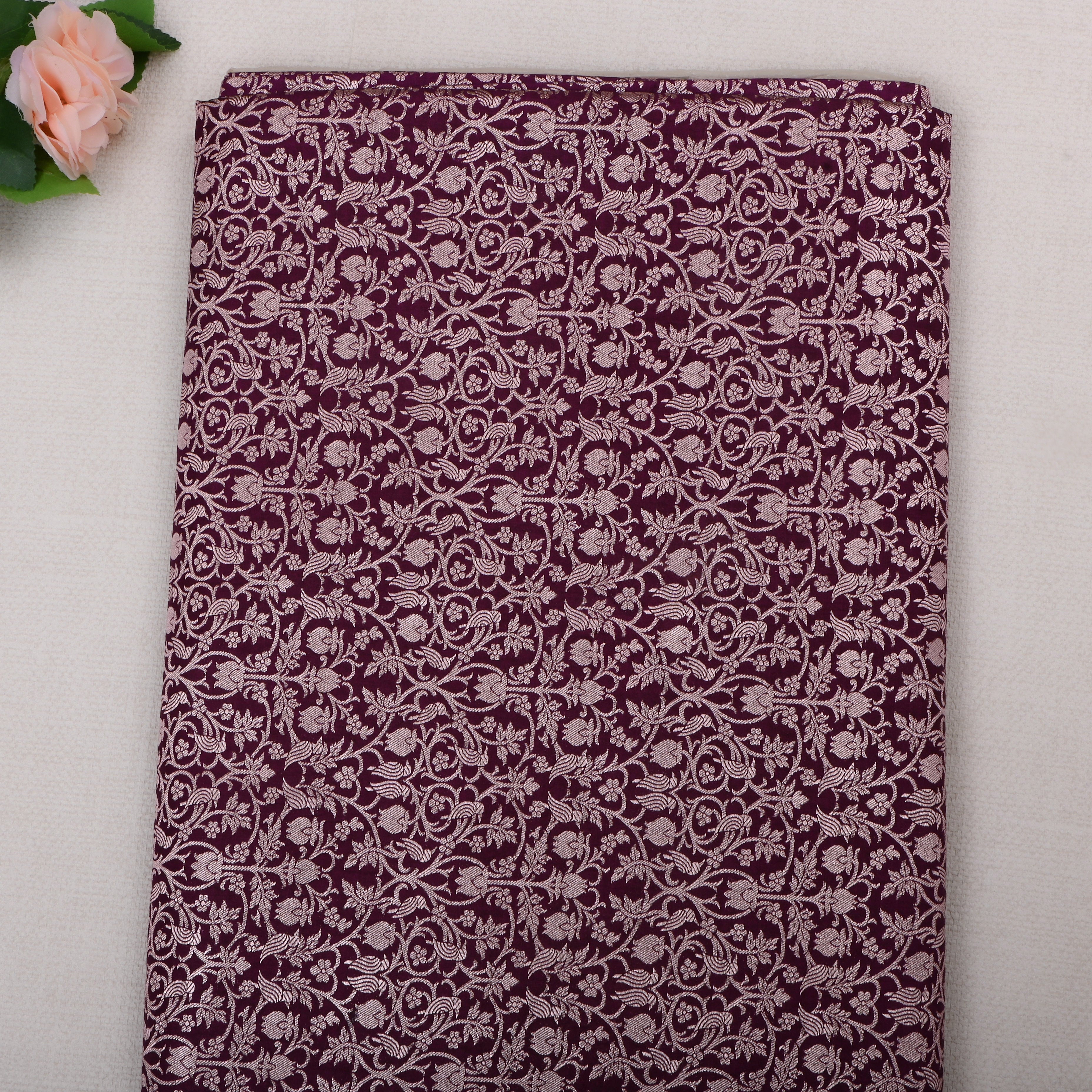 Wine Berry Jamawar Silk Fabric With Jaal Design