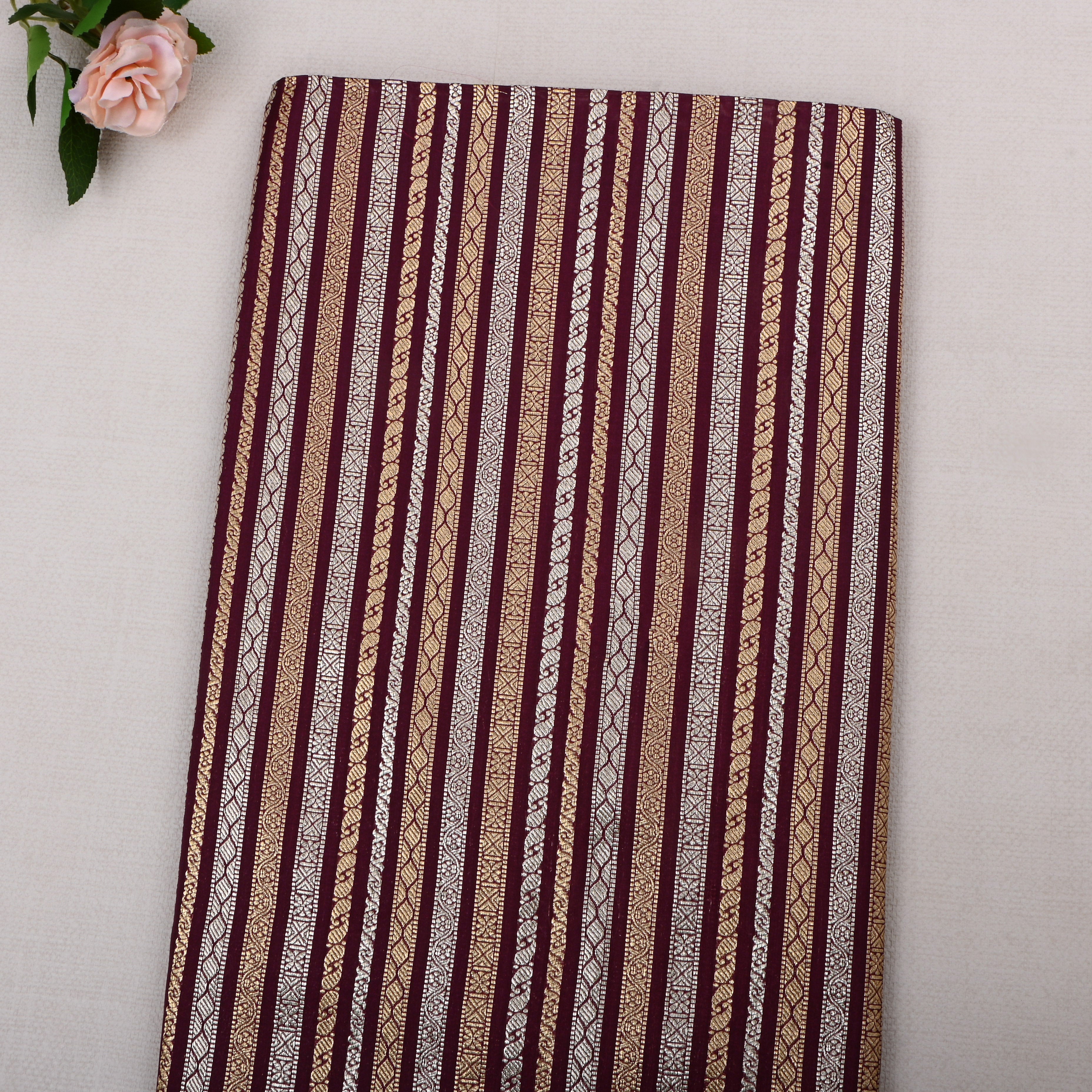 Grape Purple Jamawar Silk Fabric With Stripes