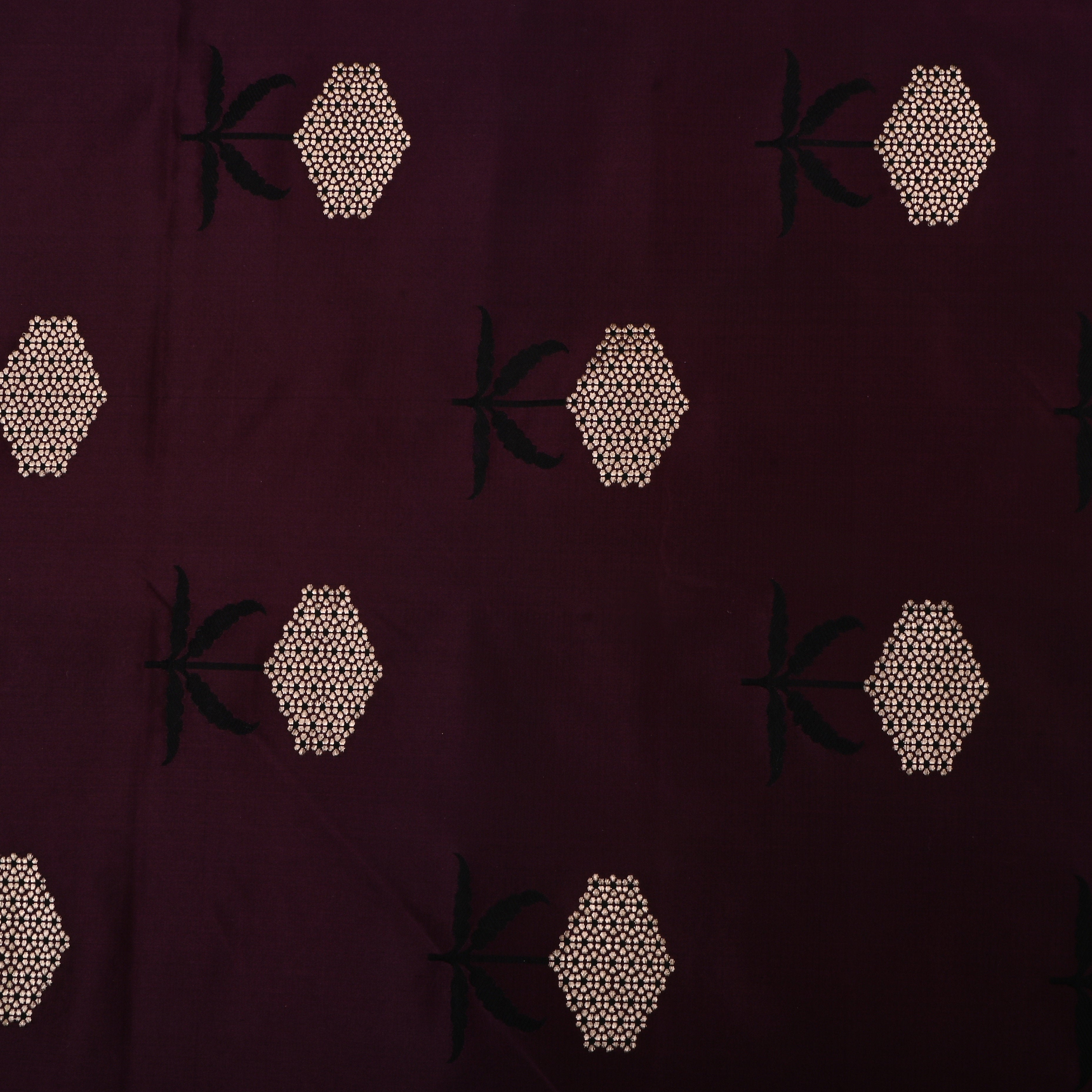 Seal Brown Jamawar Satin Fabric With Floral Design