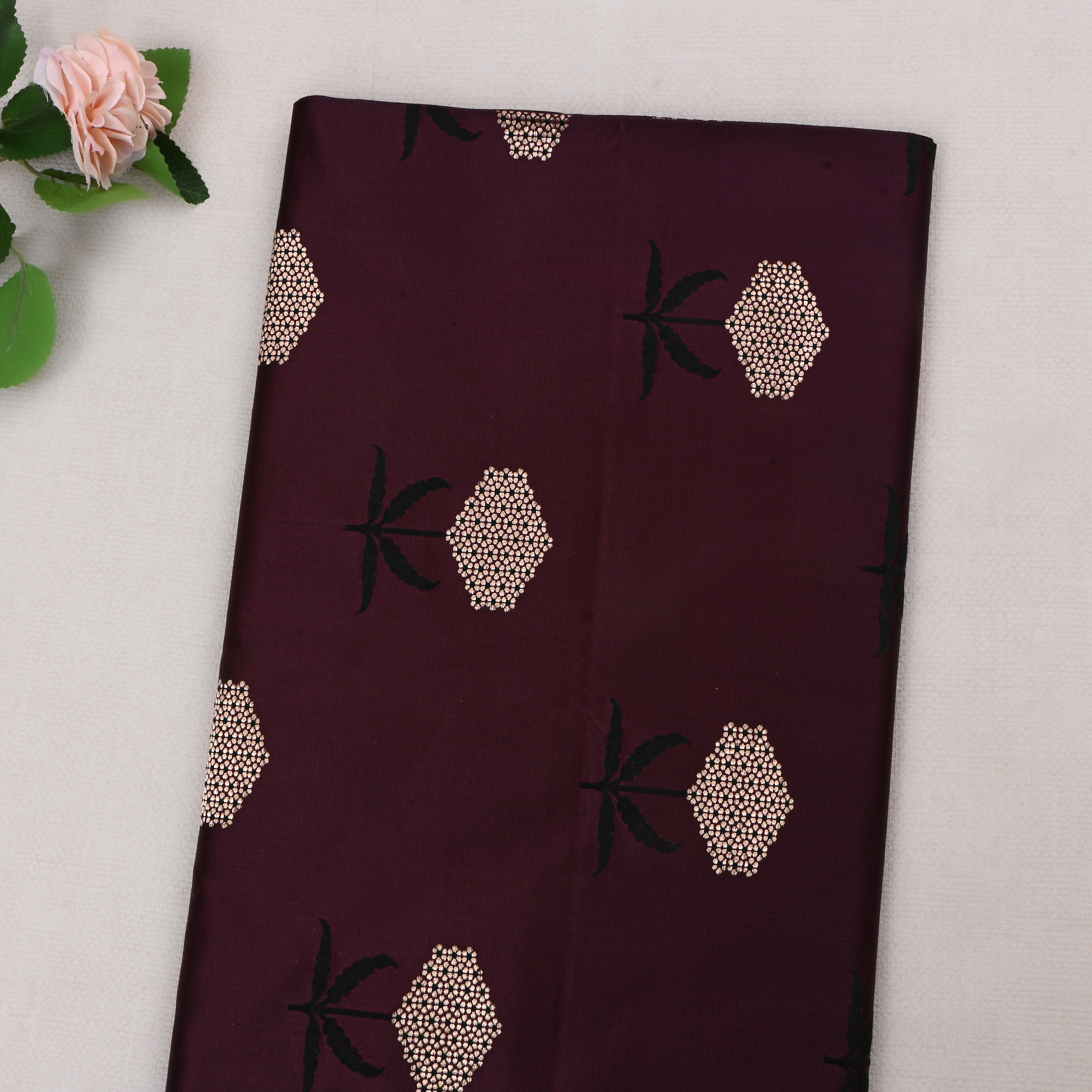 Seal Brown Jamawar Satin Fabric With Floral Design