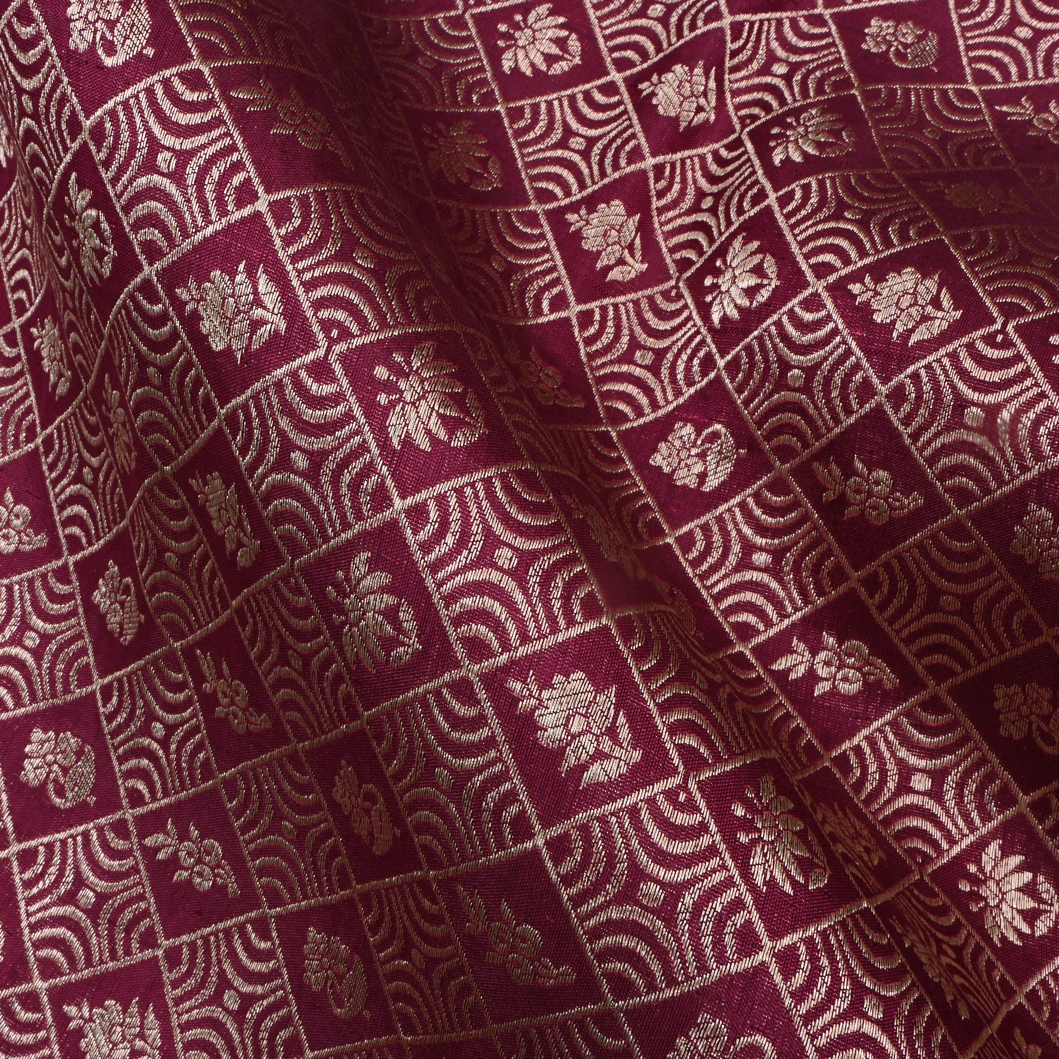 Maroon Jamawar Silk Fabric With Checks Pattern