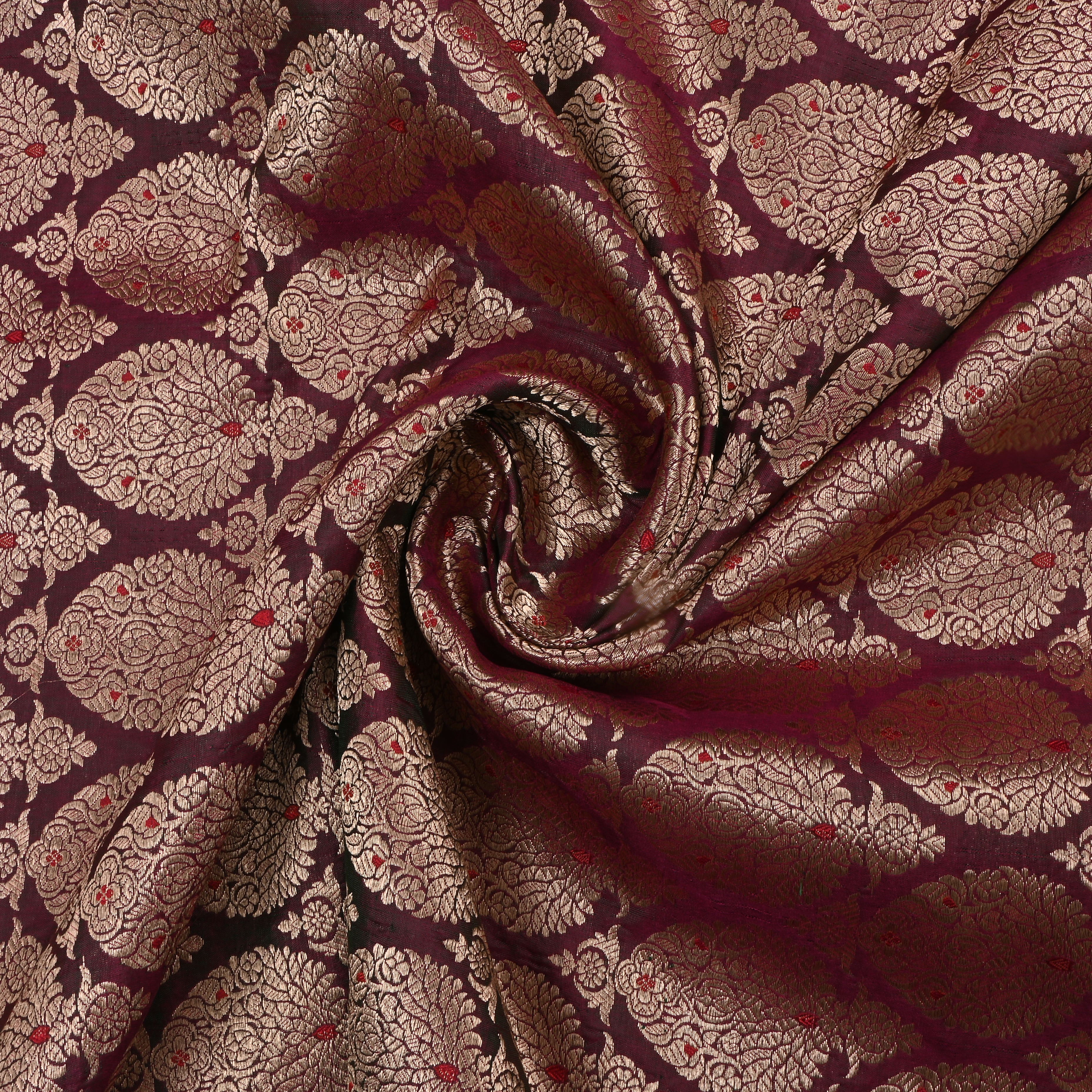 Chestnut Brown Jamawar Silk Fabric With Woven Patterns