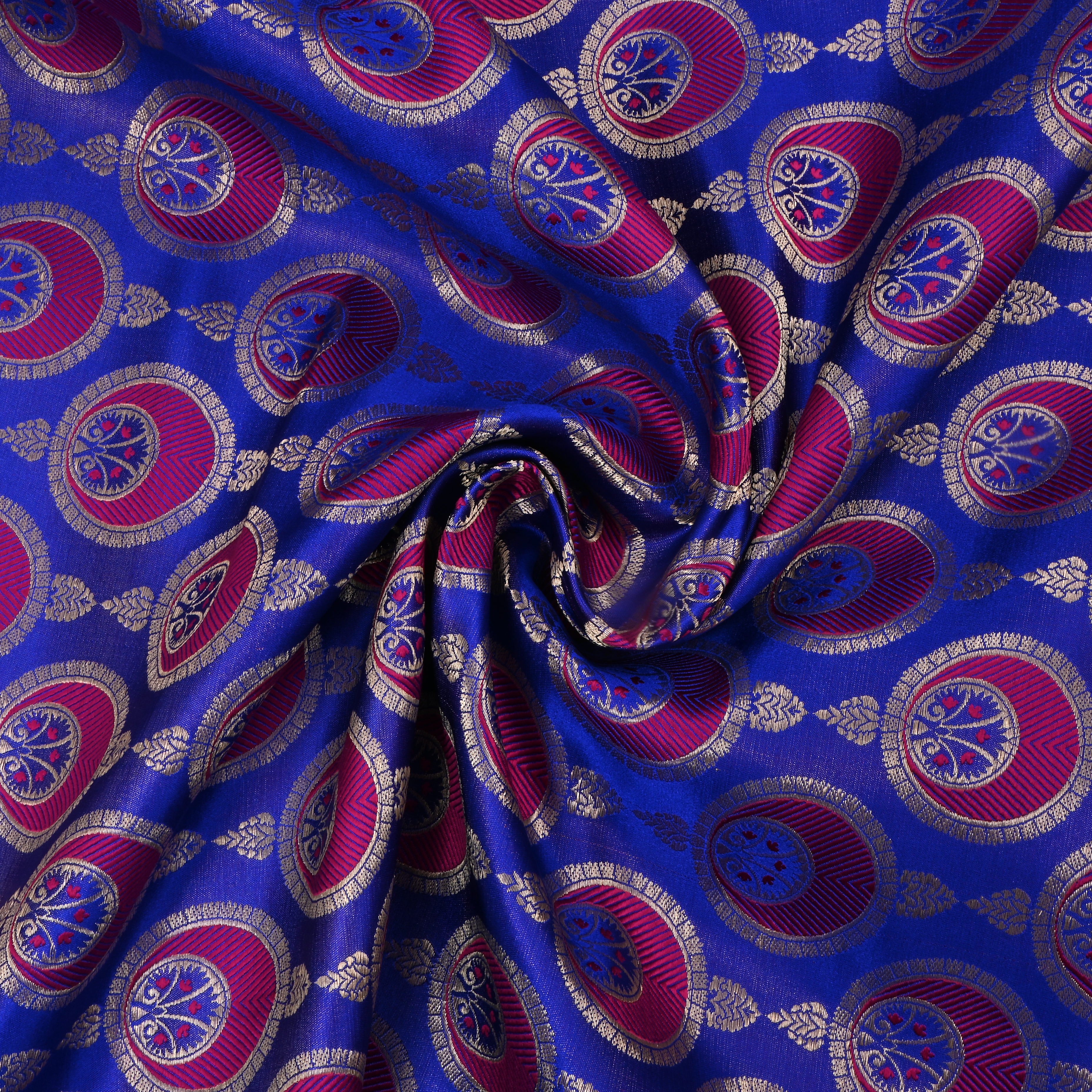Cobalt Blue Jamawar Satin Fabric With Geometrical Motifs