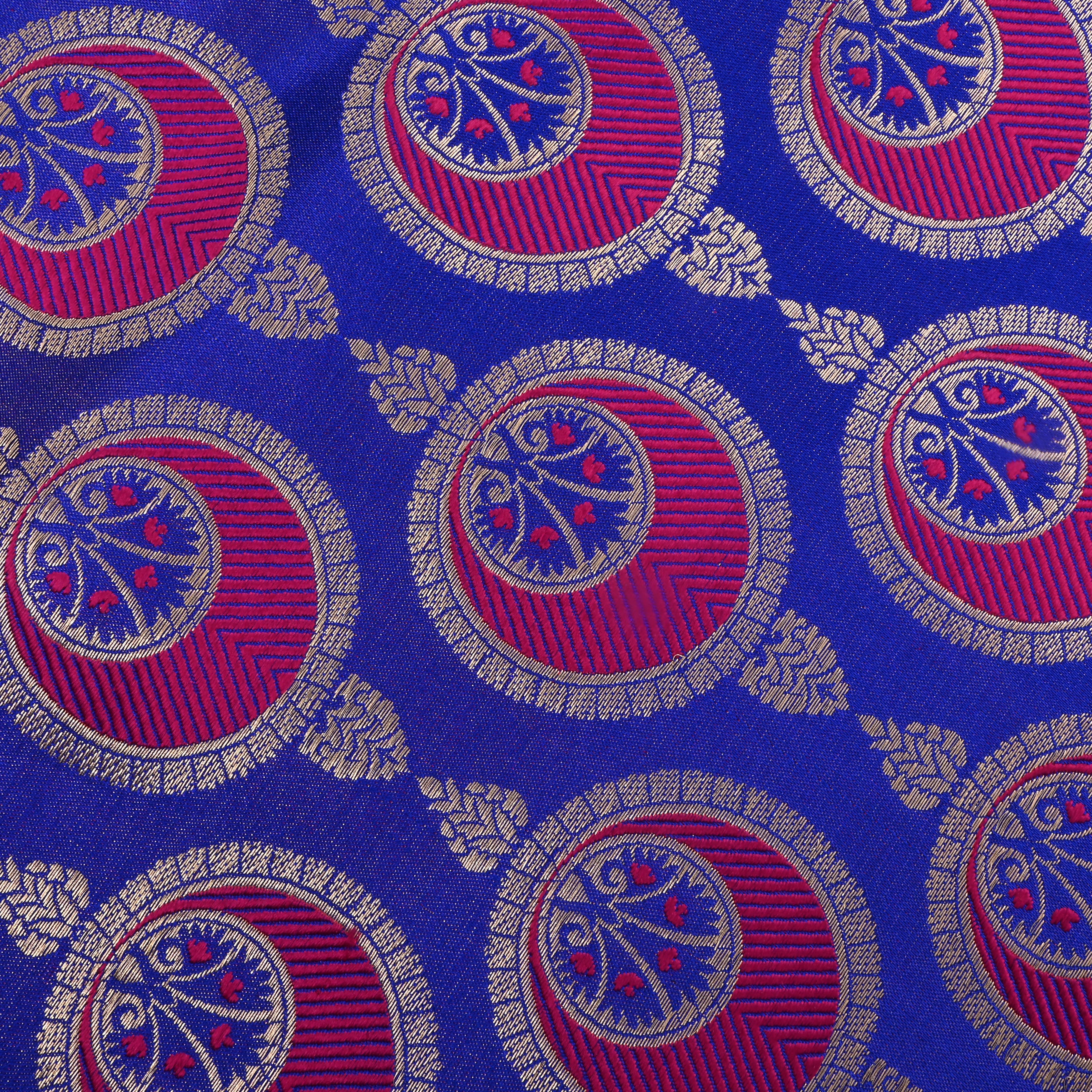 Cobalt Blue Jamawar Satin Fabric With Geometrical Motifs