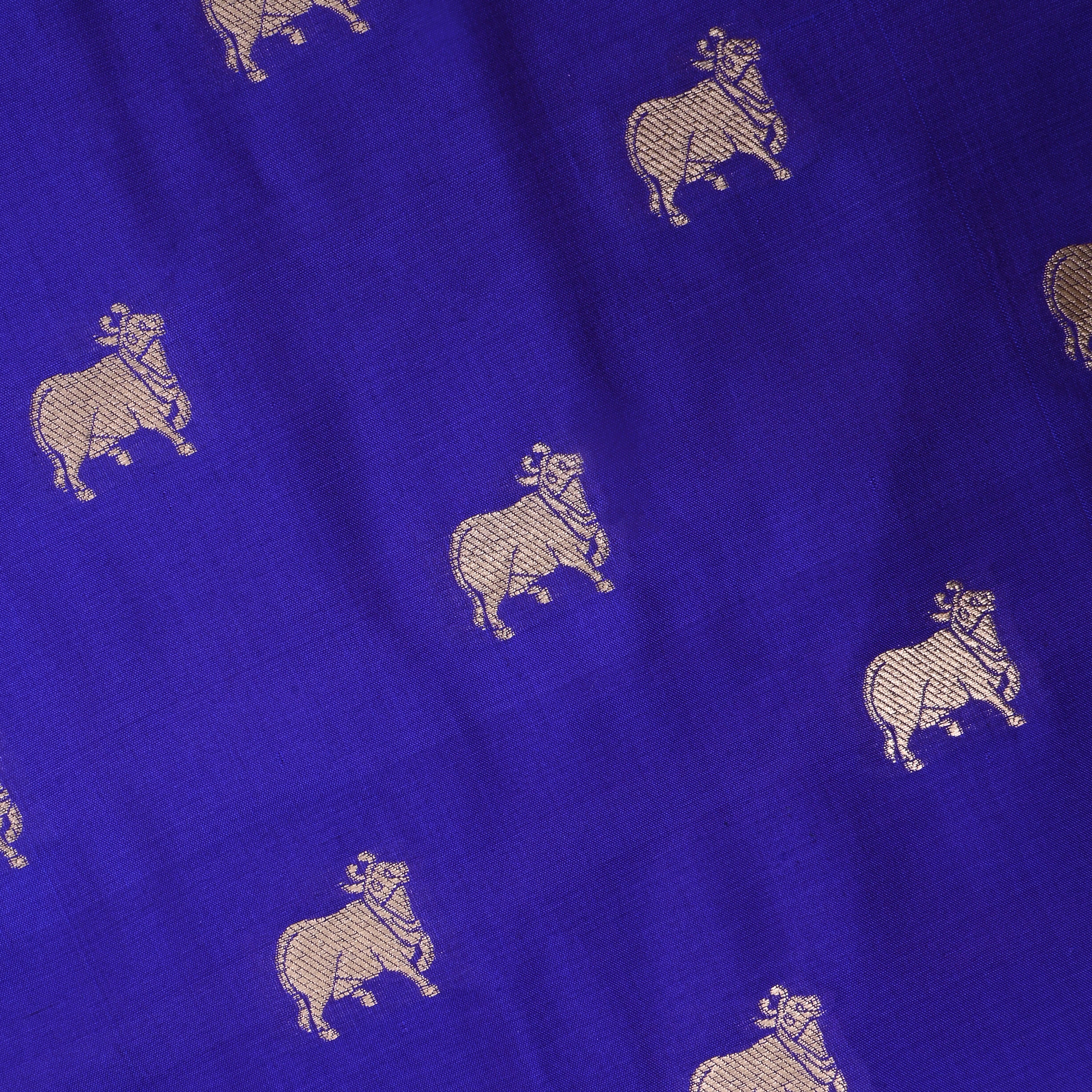 Azure Blue Jamawar Silk Fabric With Pichwai Design