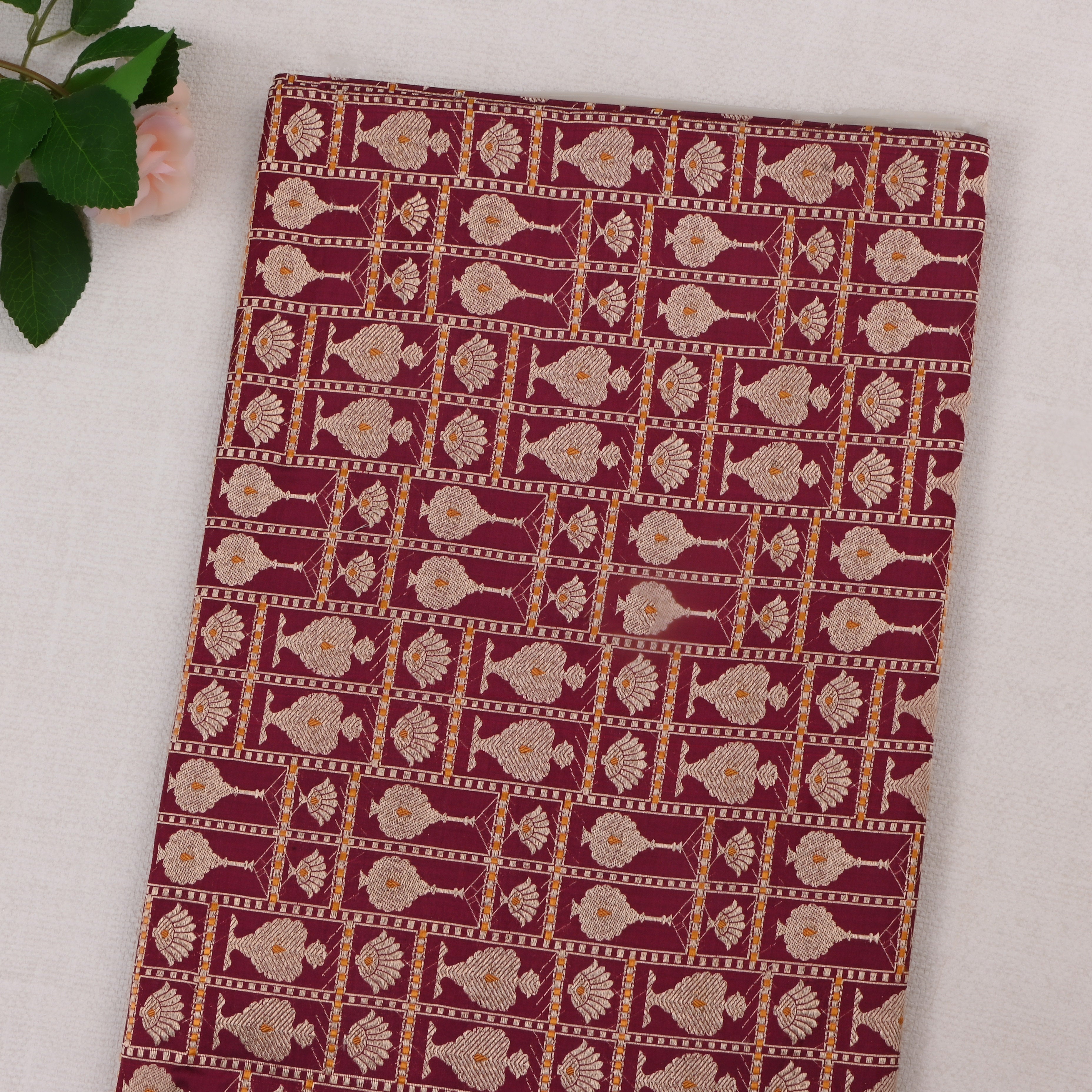 Persian Plum Pinkish Red Jamawar Silk Fabric With Gold Zari Design