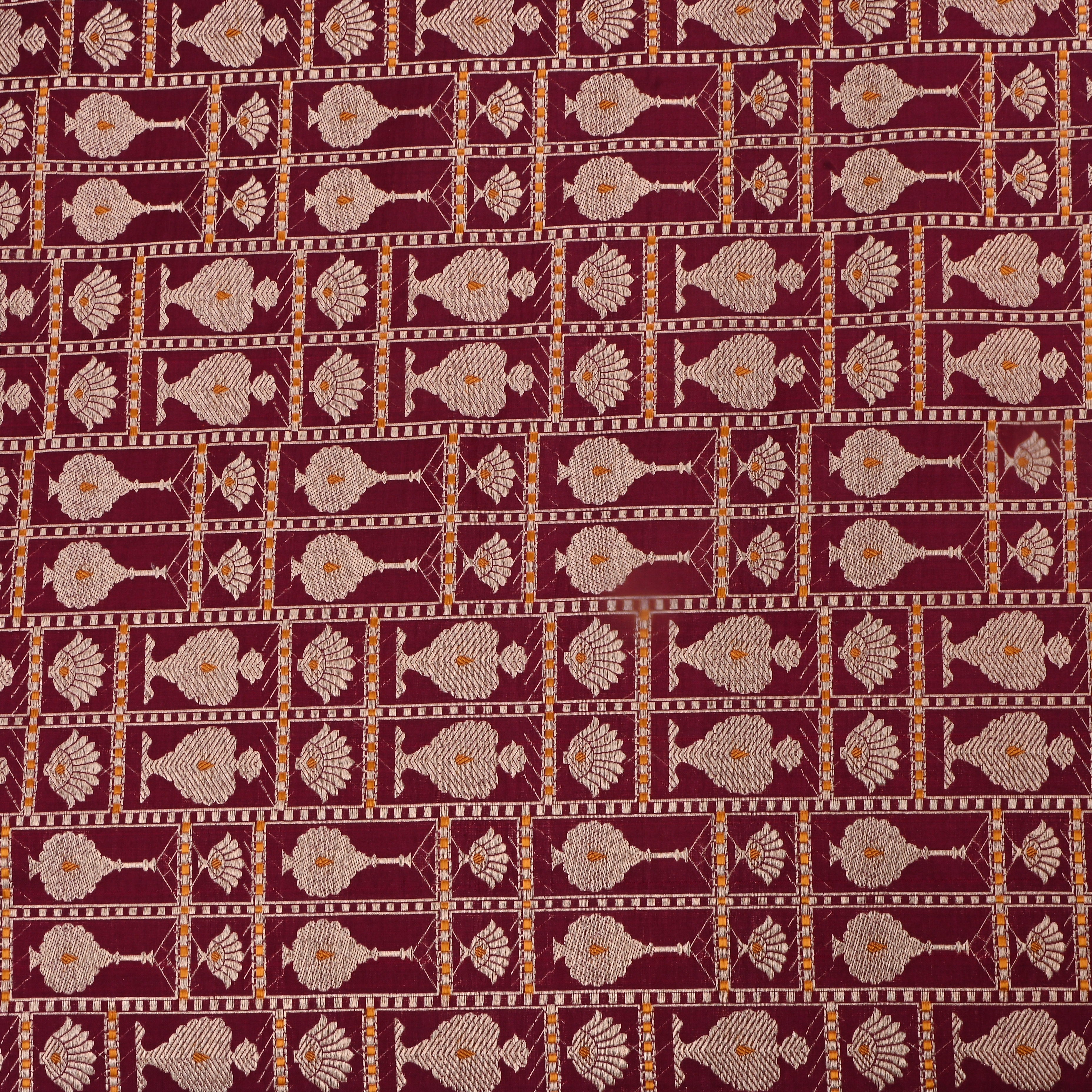Persian Plum Pinkish Red Jamawar Silk Fabric With Gold Zari Design