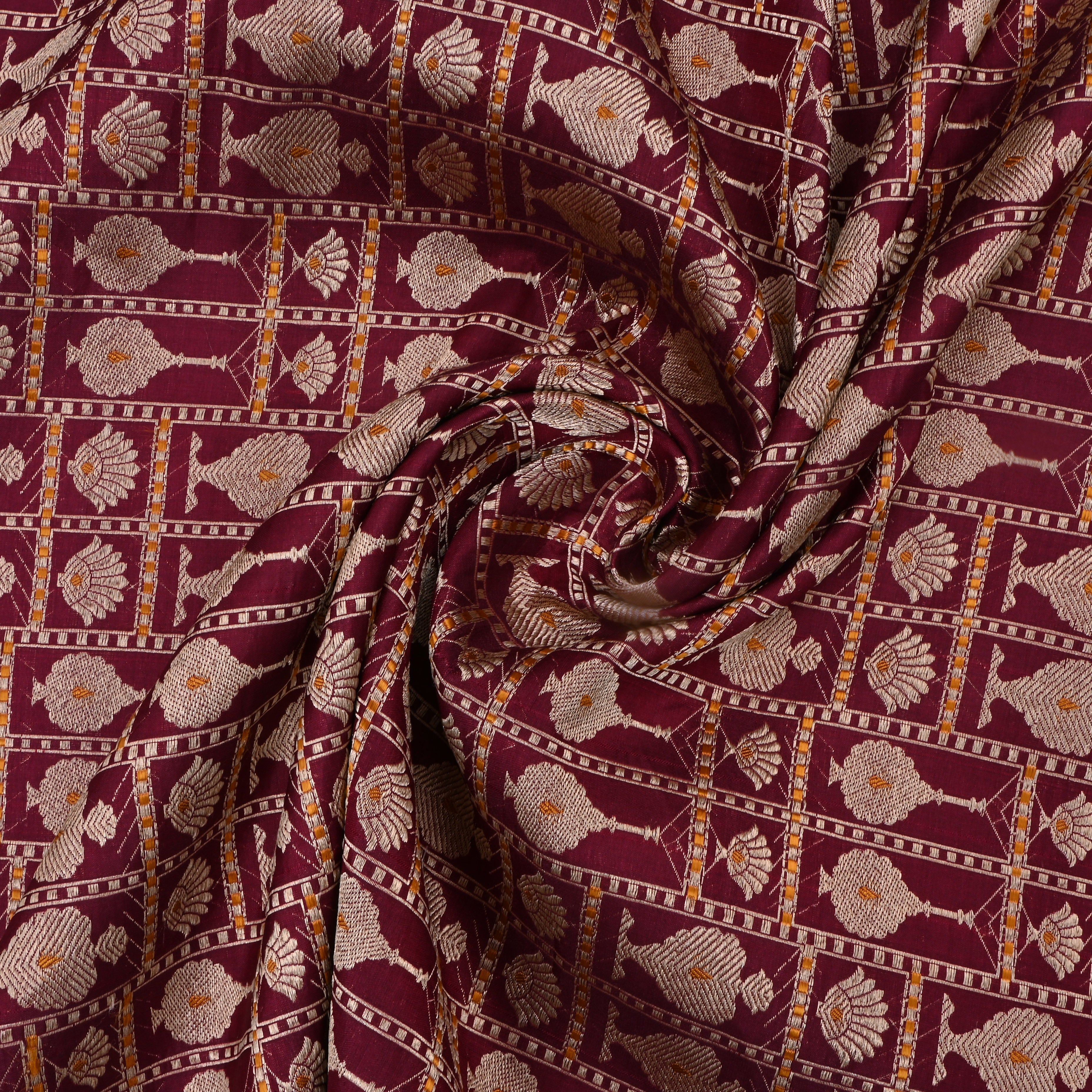 Persian Plum Pinkish Red Jamawar Silk Fabric With Gold Zari Design