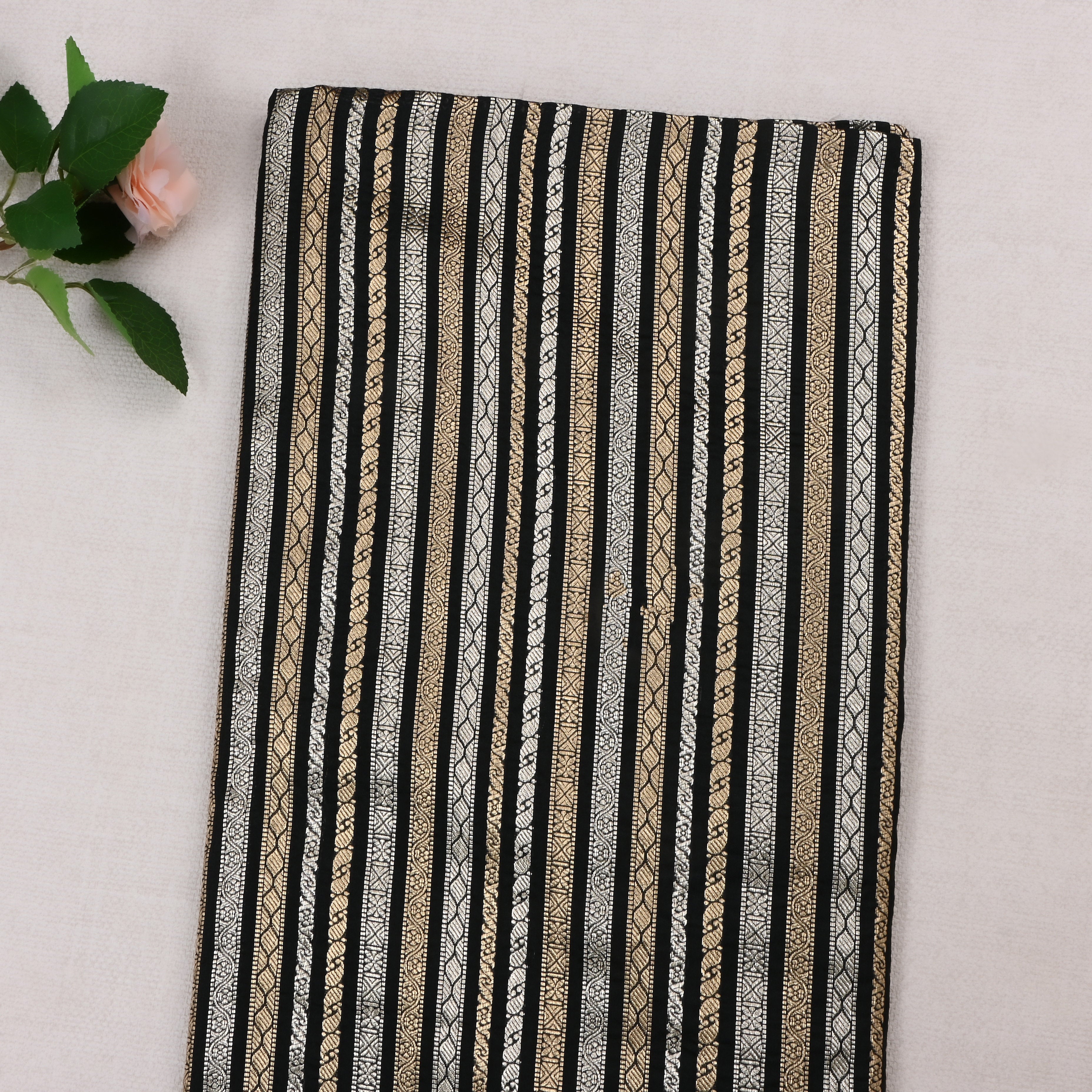 Jute Black Jamawar Silk Fabric With Stripes