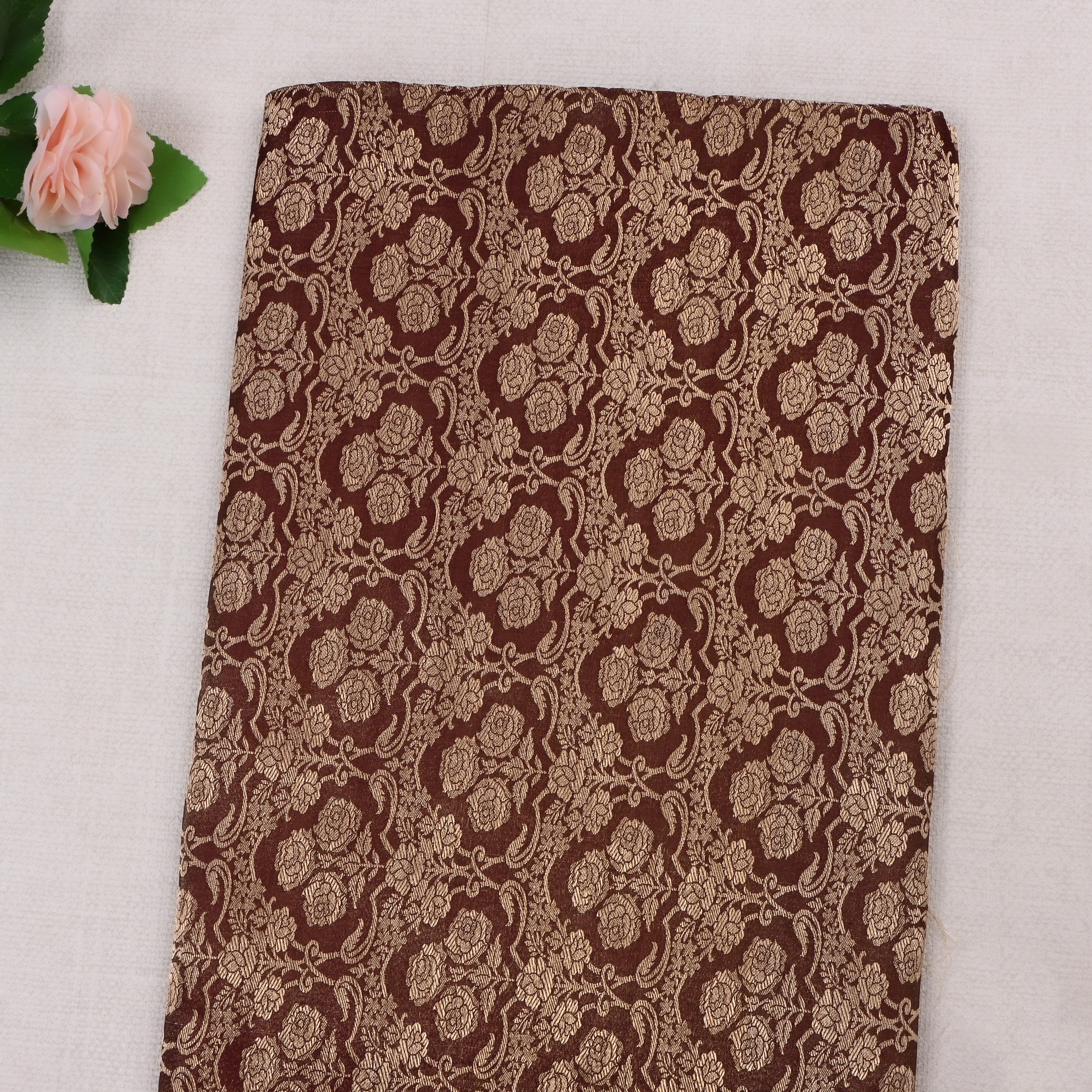Warm Brown Jamawar Satin Fabric With Floral Woven Design