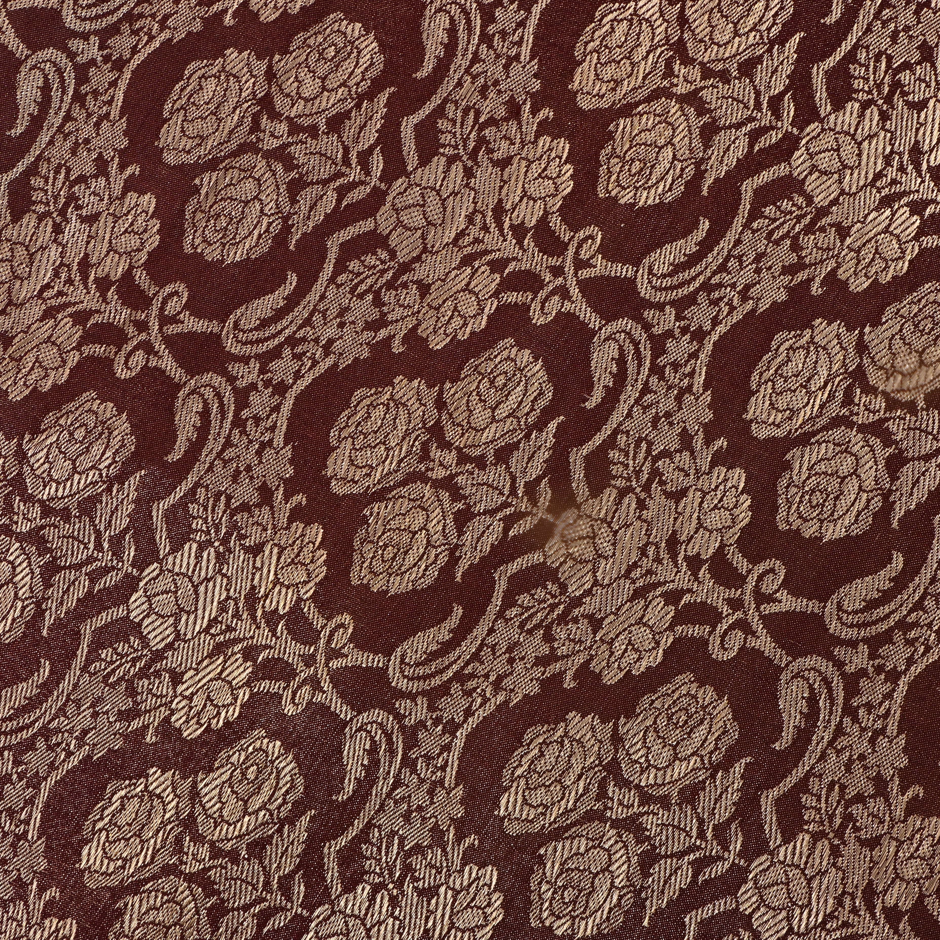 Warm Brown Jamawar Satin Fabric With Floral Woven Design
