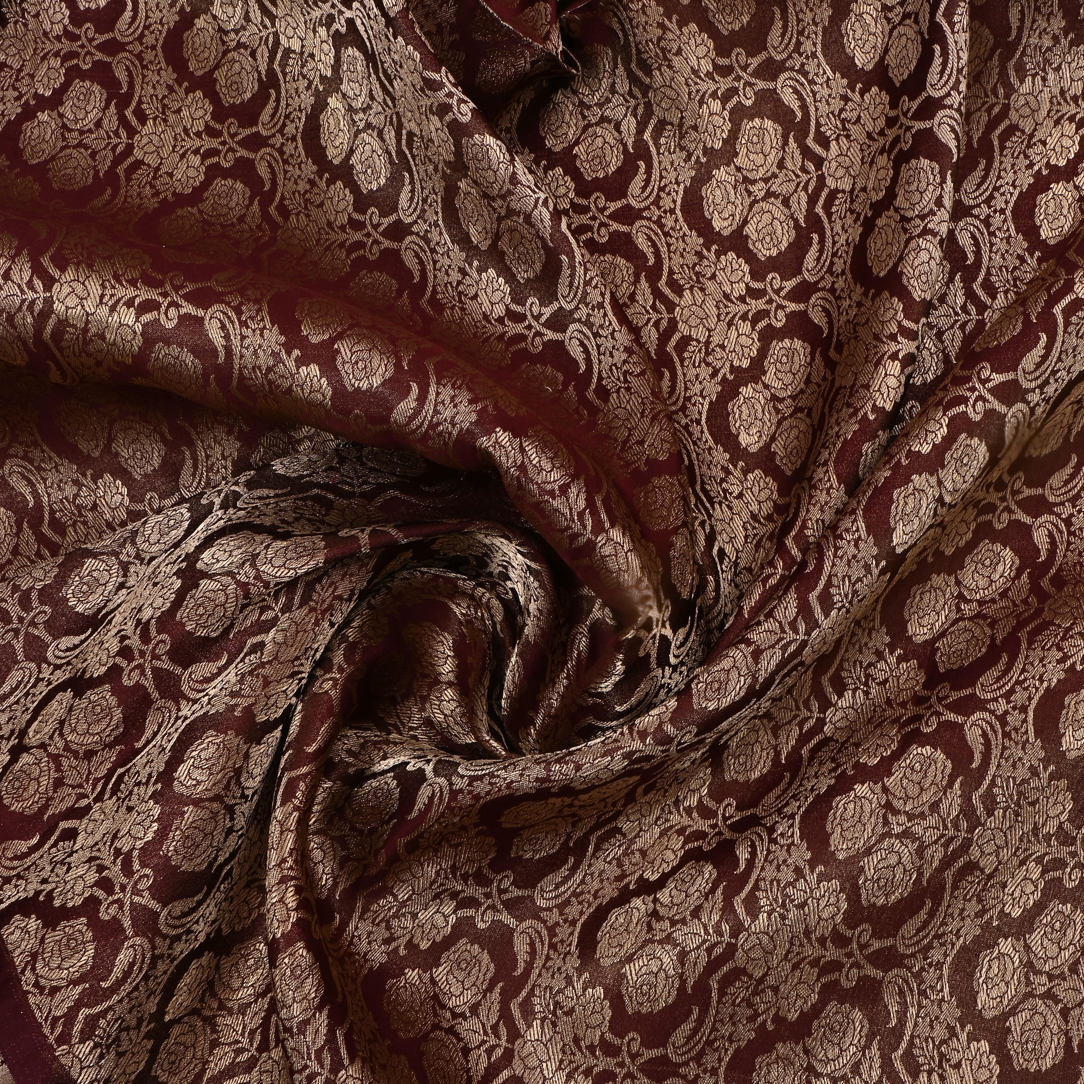 Warm Brown Jamawar Satin Fabric With Floral Woven Design