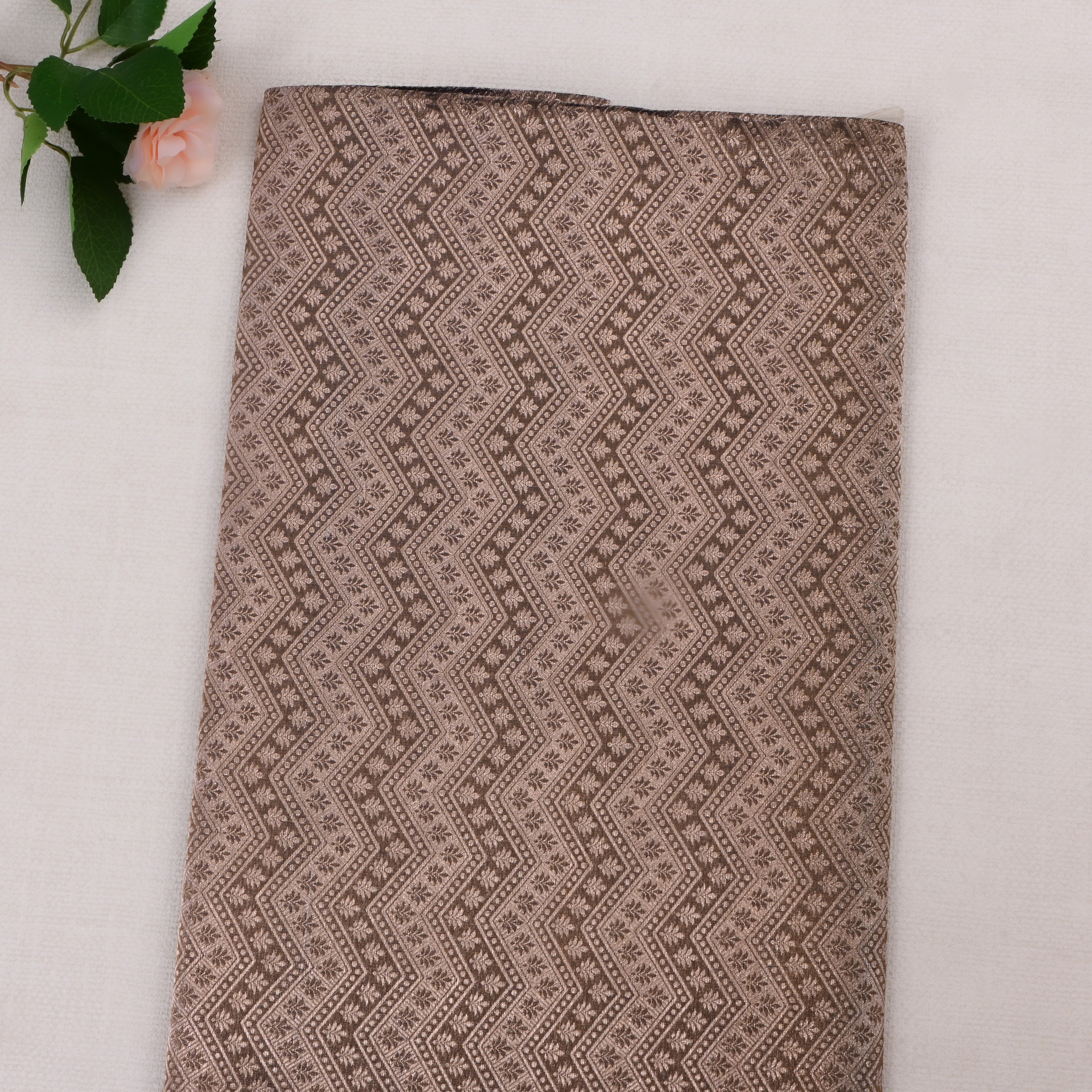 Brown Jamawar Silk Fabric With Zig-Zag Pattern