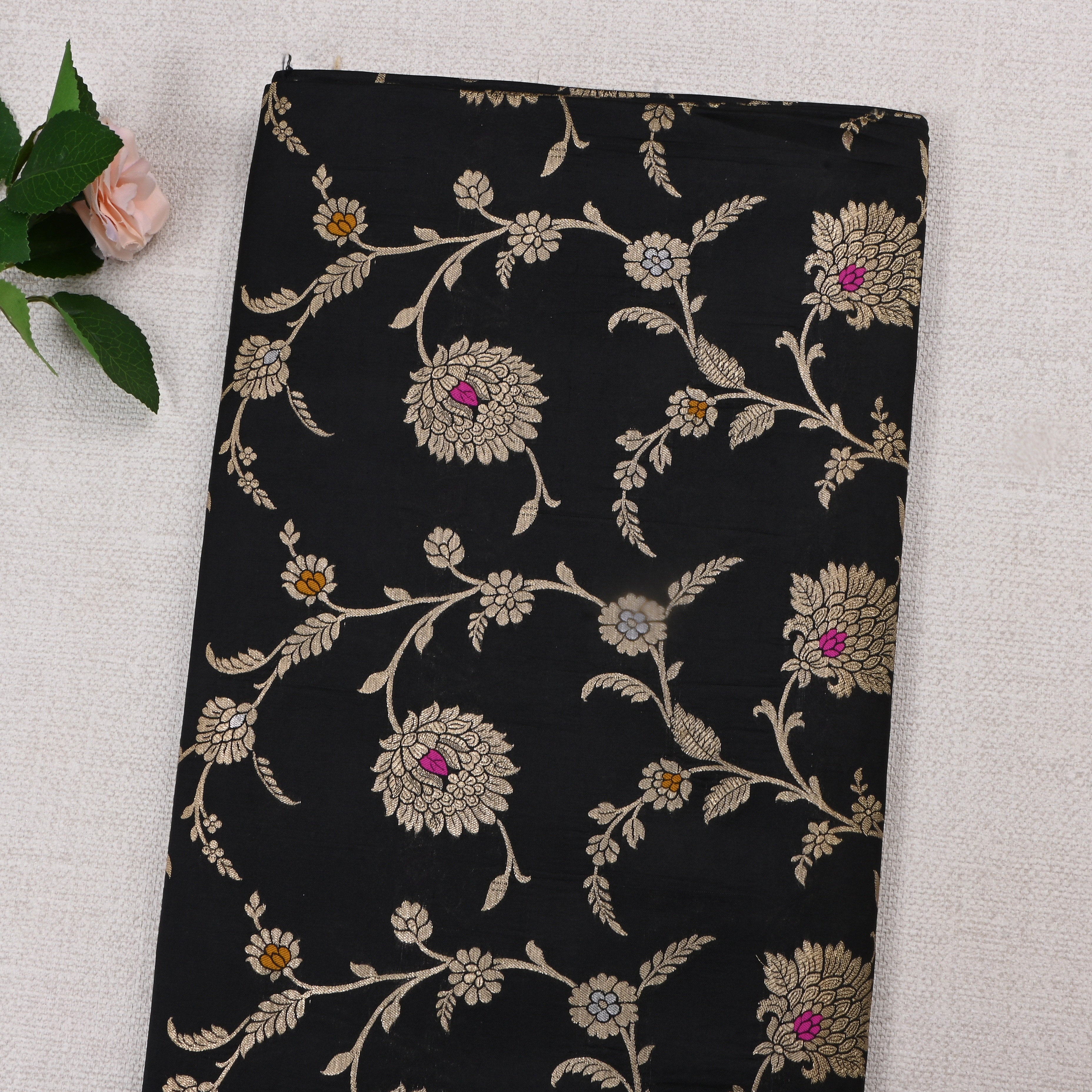 Black Jamawar Silk Fabric With Meenakari Design