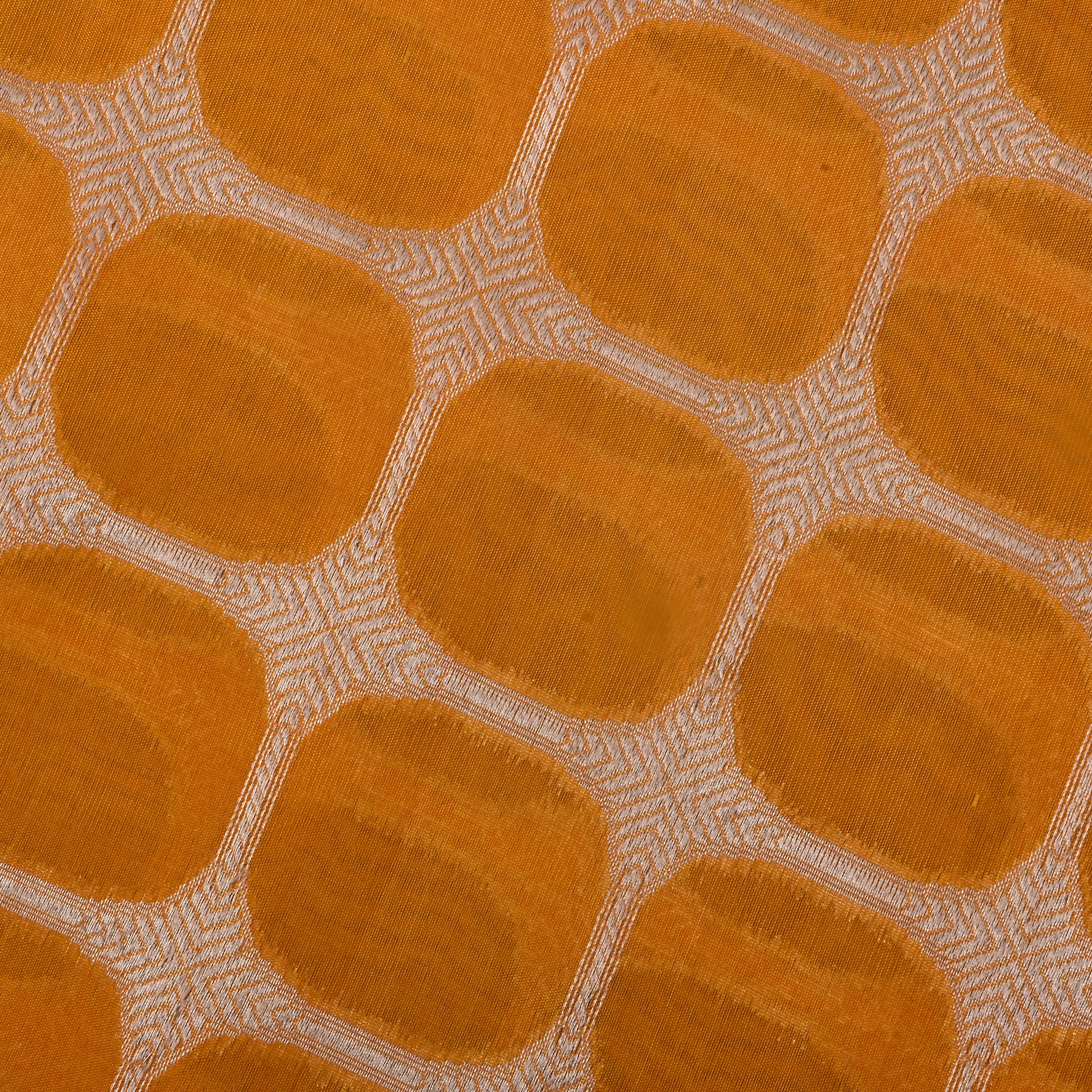 Mango Tango Orange Jamawar Silk Fabric With Geometrical Pattern