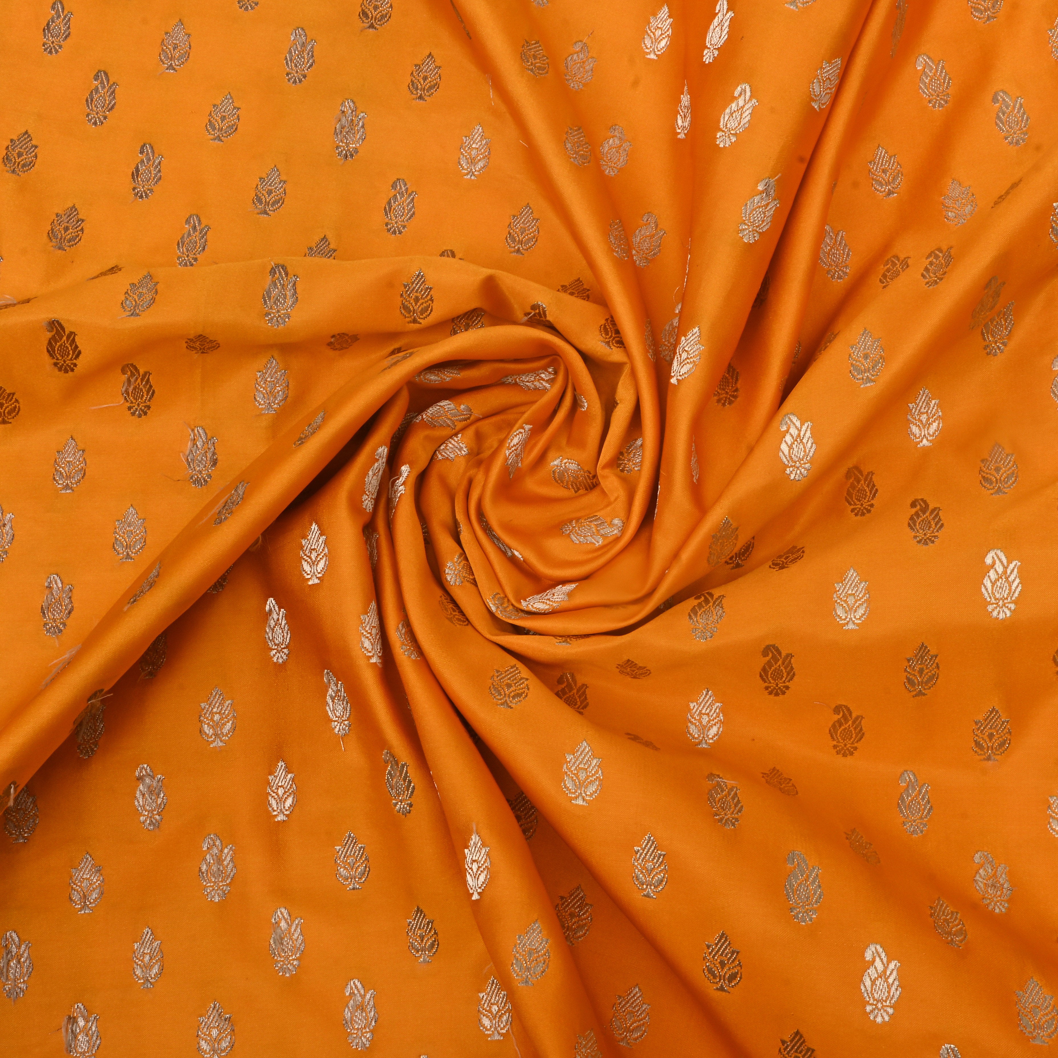 Cadmium Orange Jamawar Satin Fabric With Butti'S