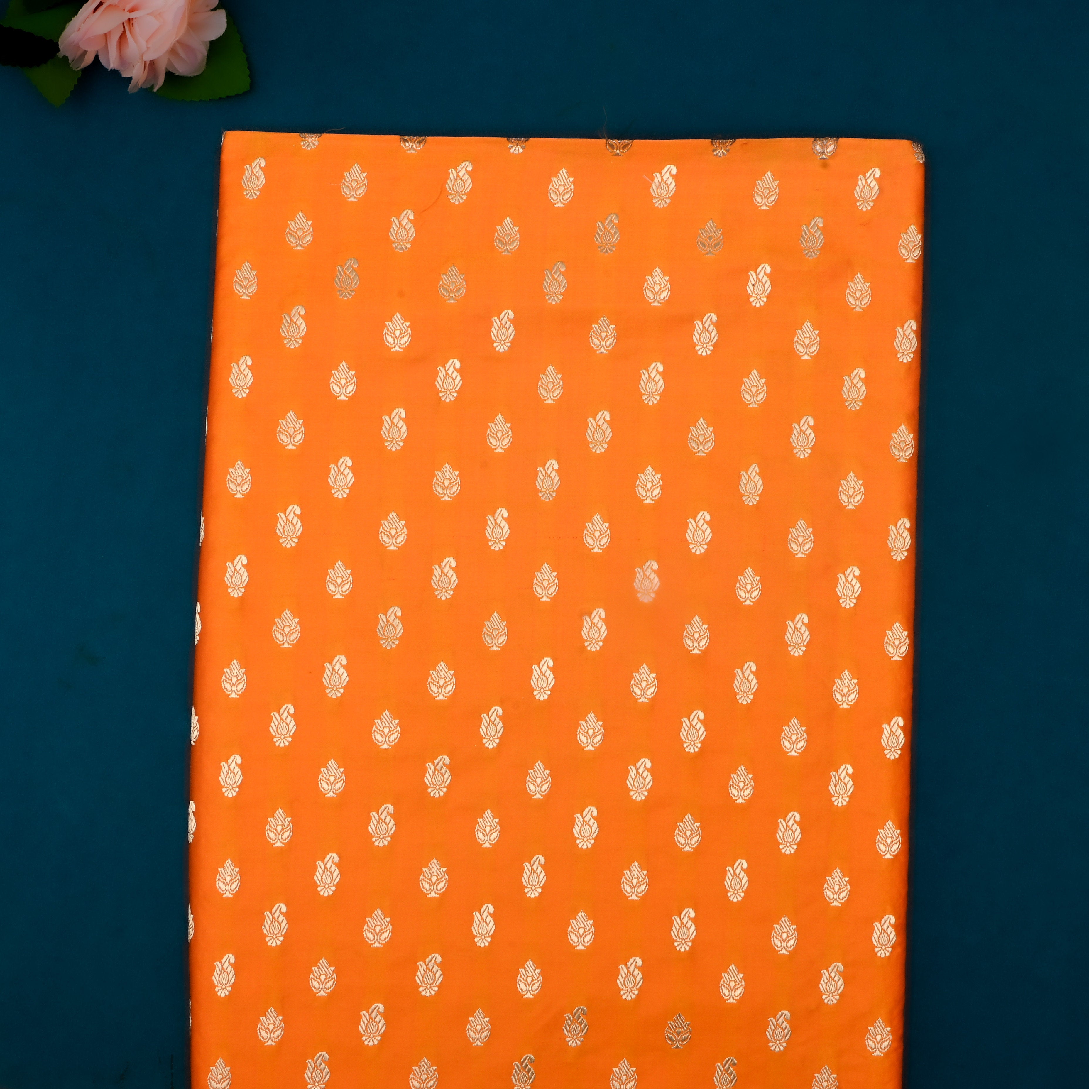 Orange Jamawar Satin Fabric With Woven Pattern