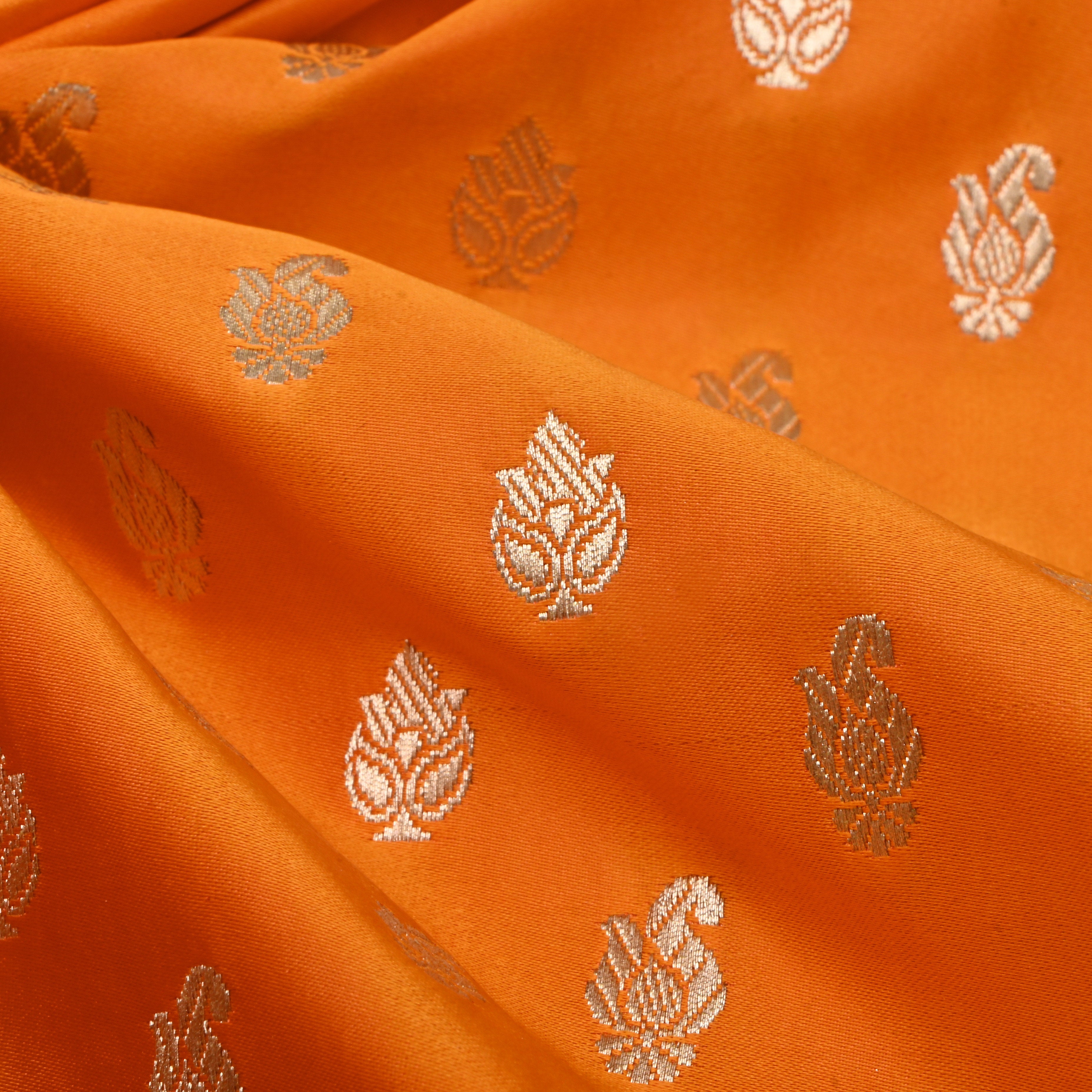Orange Jamawar Satin Fabric With Woven Pattern