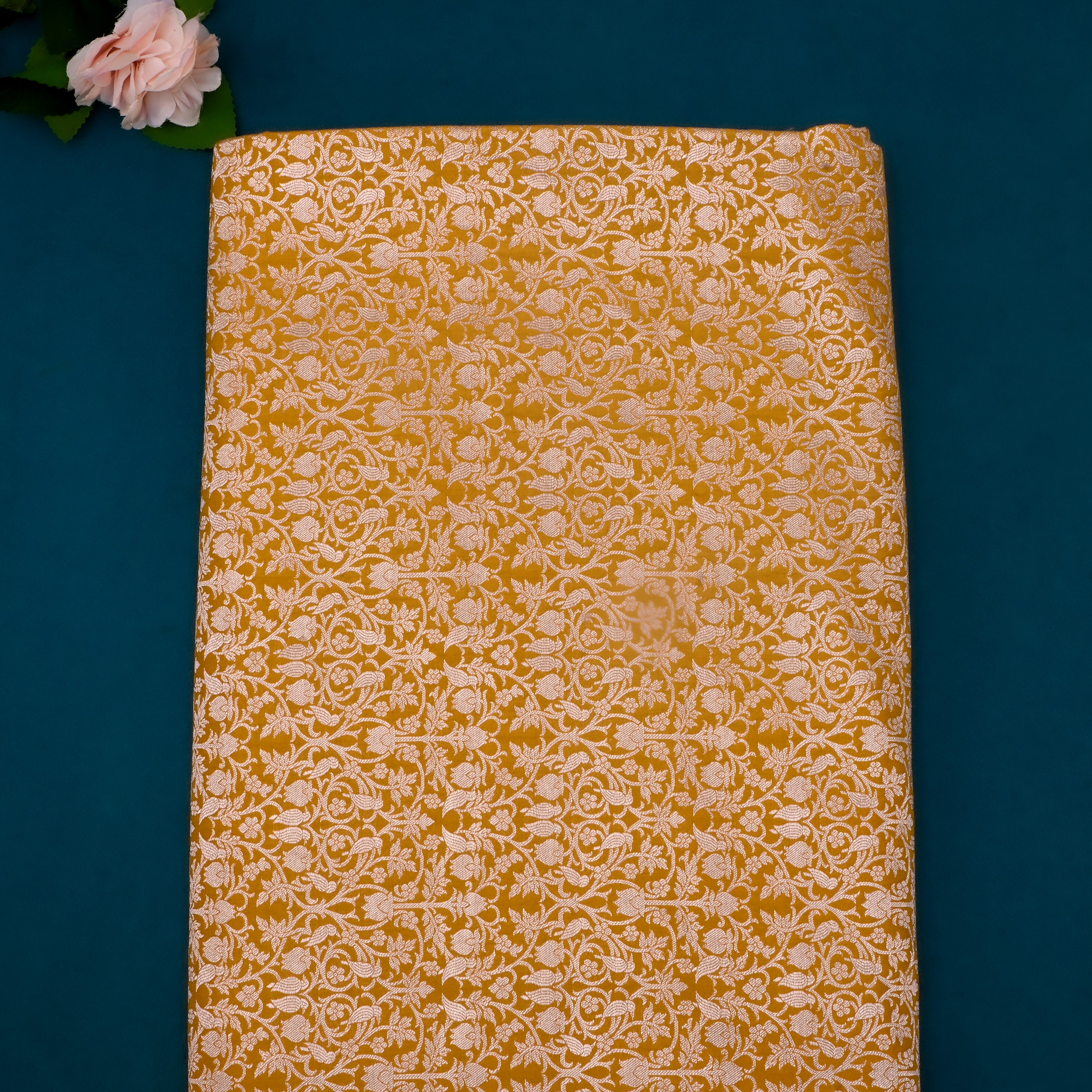 Dirty Yellow Jamawar Silk Fabric With Jaal Design