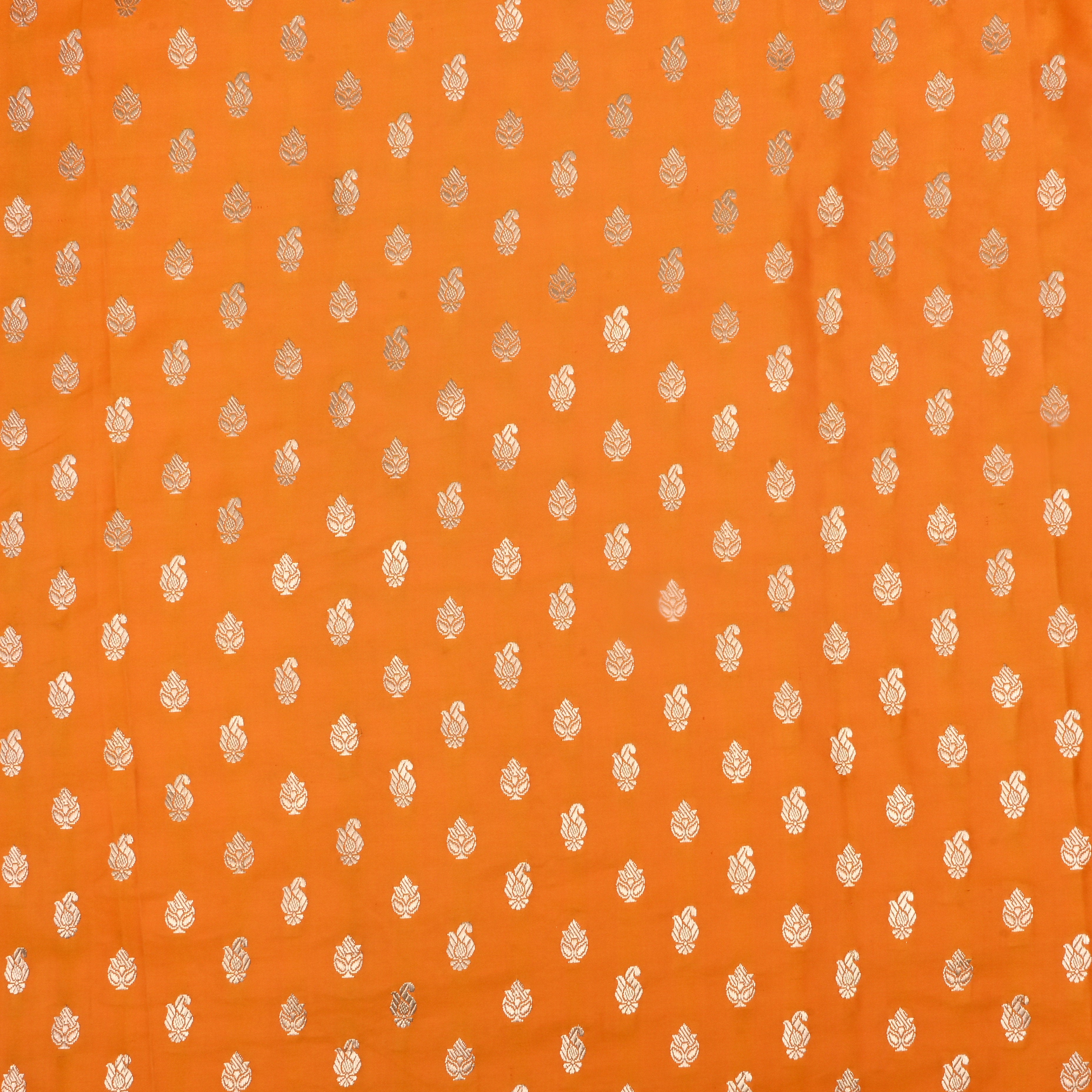 Safety Orange Jamawar Satin Fabric With Buttis