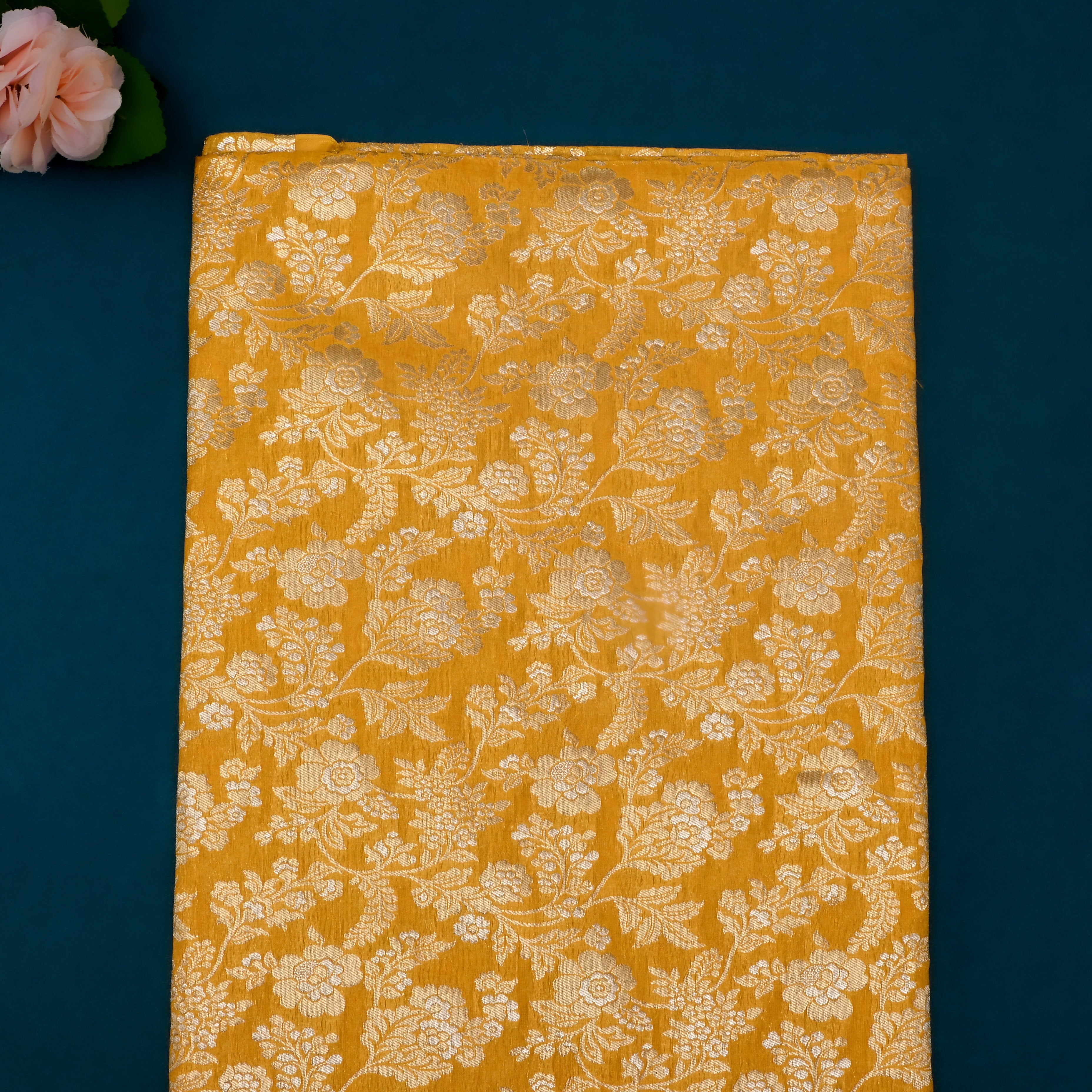 Bright Yellow Jamawar Silk Fabric With Floral Jaal