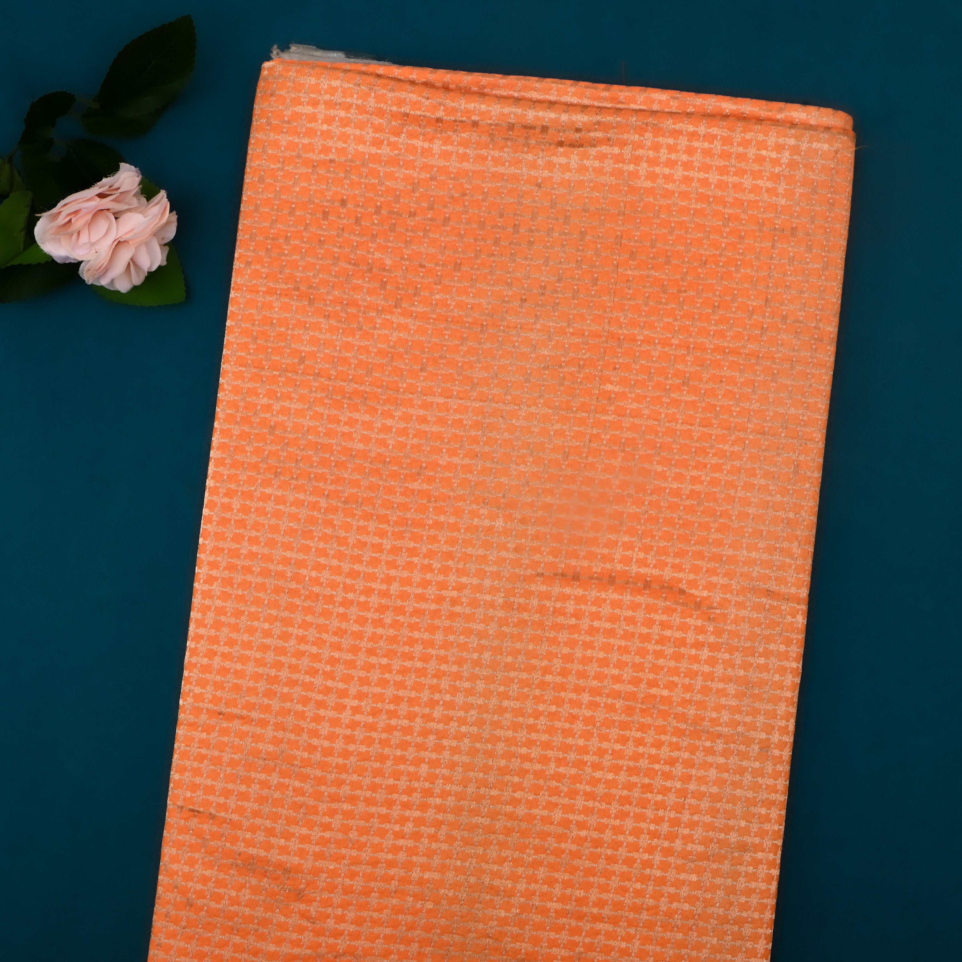 Orange Jamawar Silk Fabric With Checks Pattern