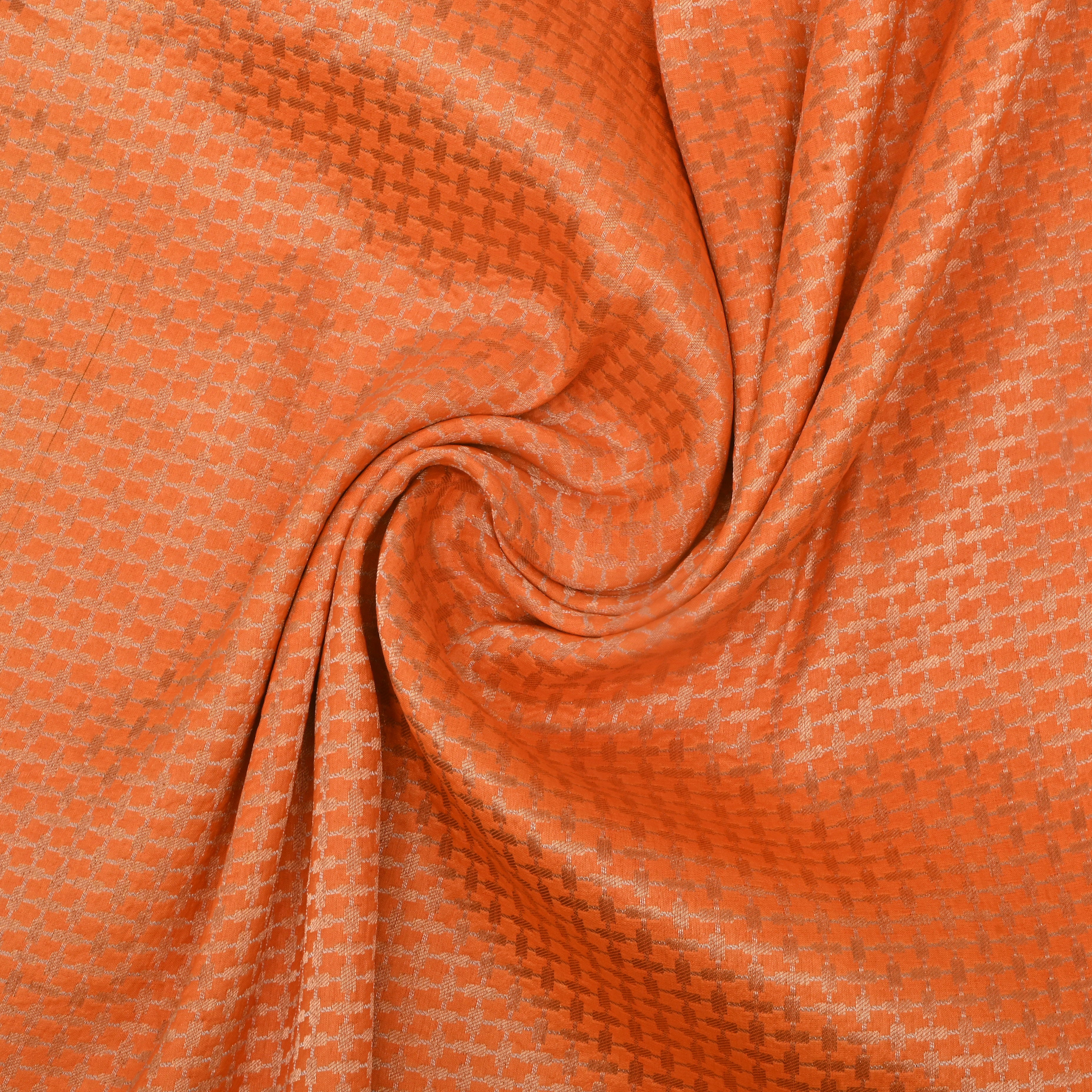 Orange Jamawar Silk Fabric With Checks Pattern
