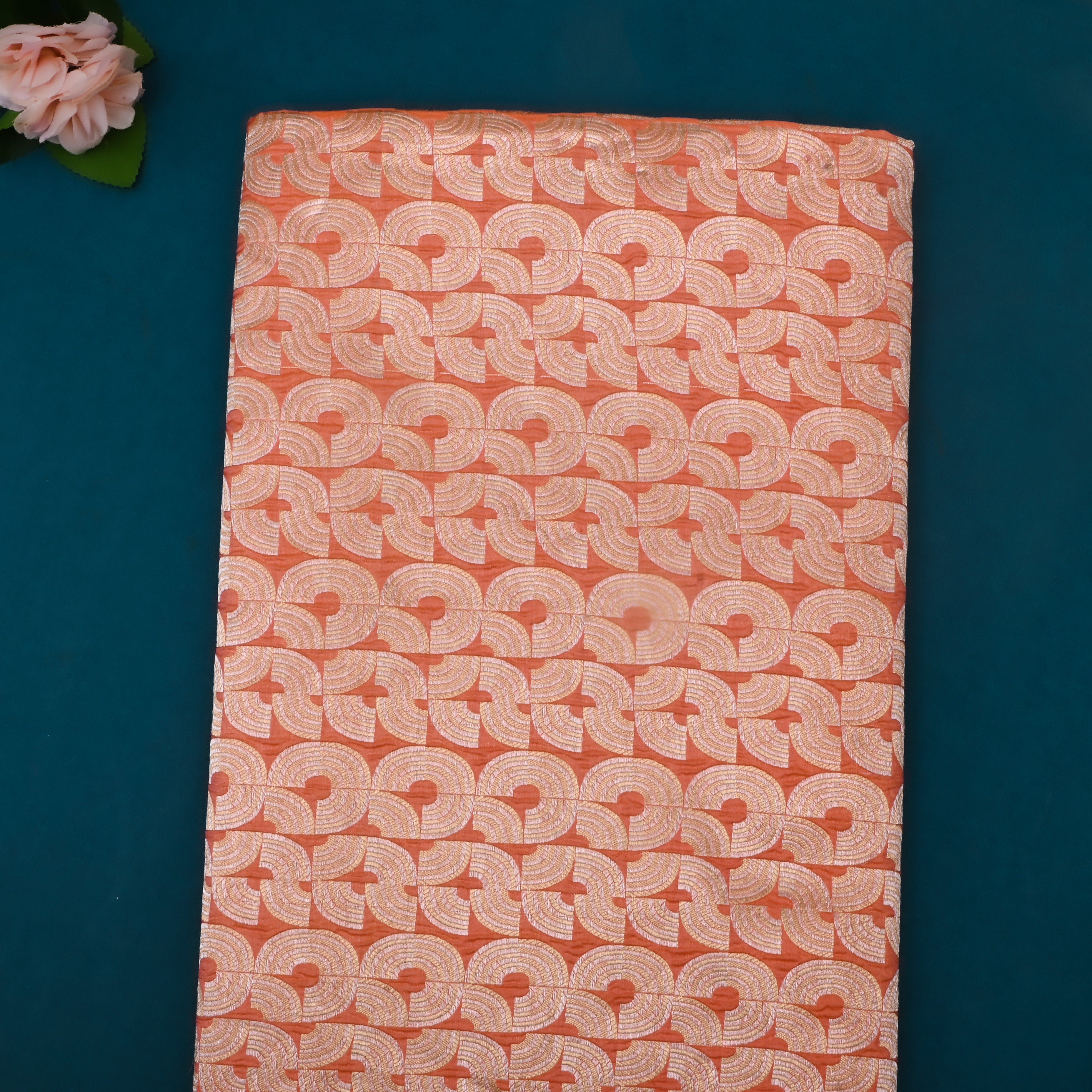 Light Orange Jamawar Silk Fabric With Geometric Patterns