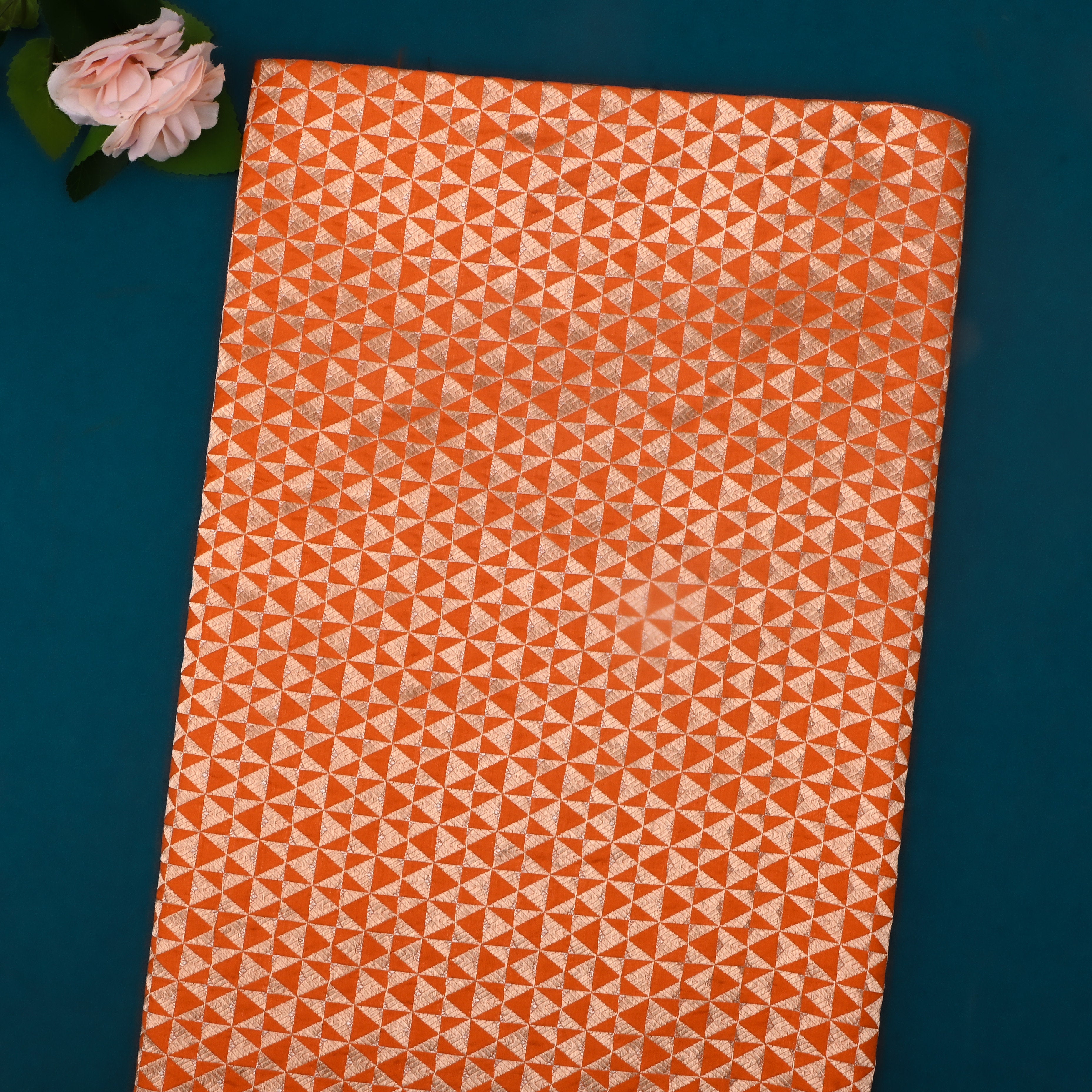Bright Orange Jamawar Satin Fabric With Brocade Design